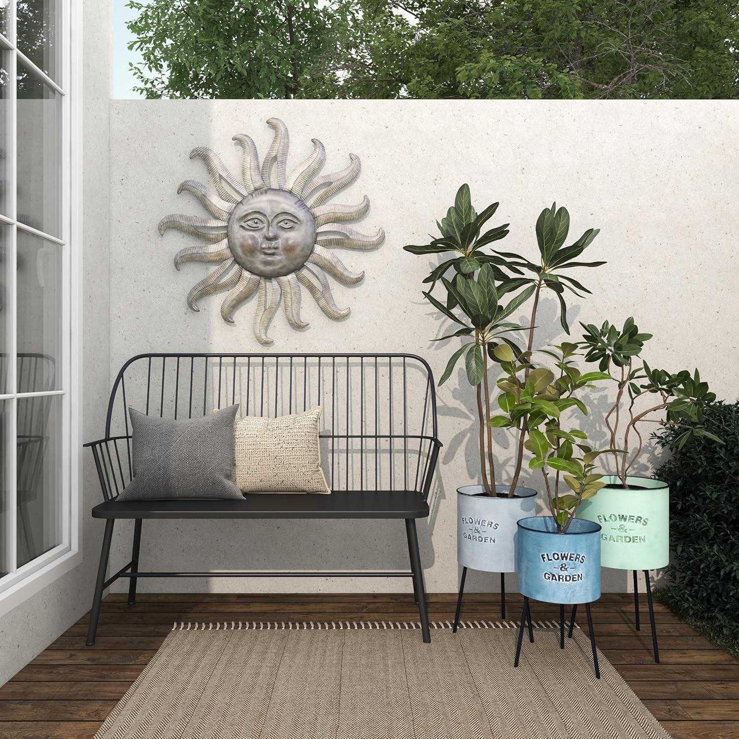DecMode 20", 18", 16"H Blue Metal Text Planter with Flowers And Garden Text and Black Tripod Legs (3 Count)