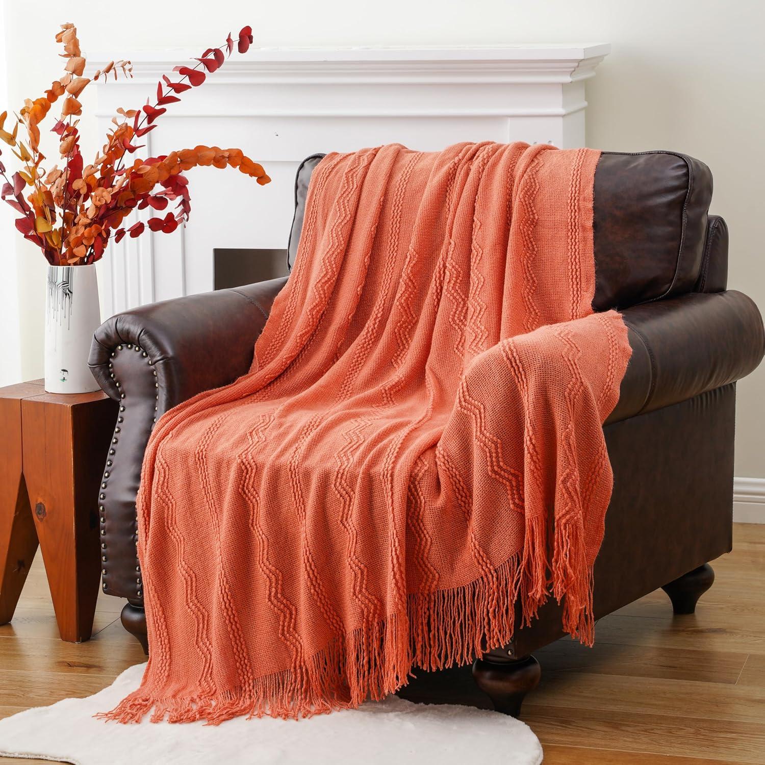 Salmon Knitted Halloween Throw Blanket with Fringe, 50"x60"