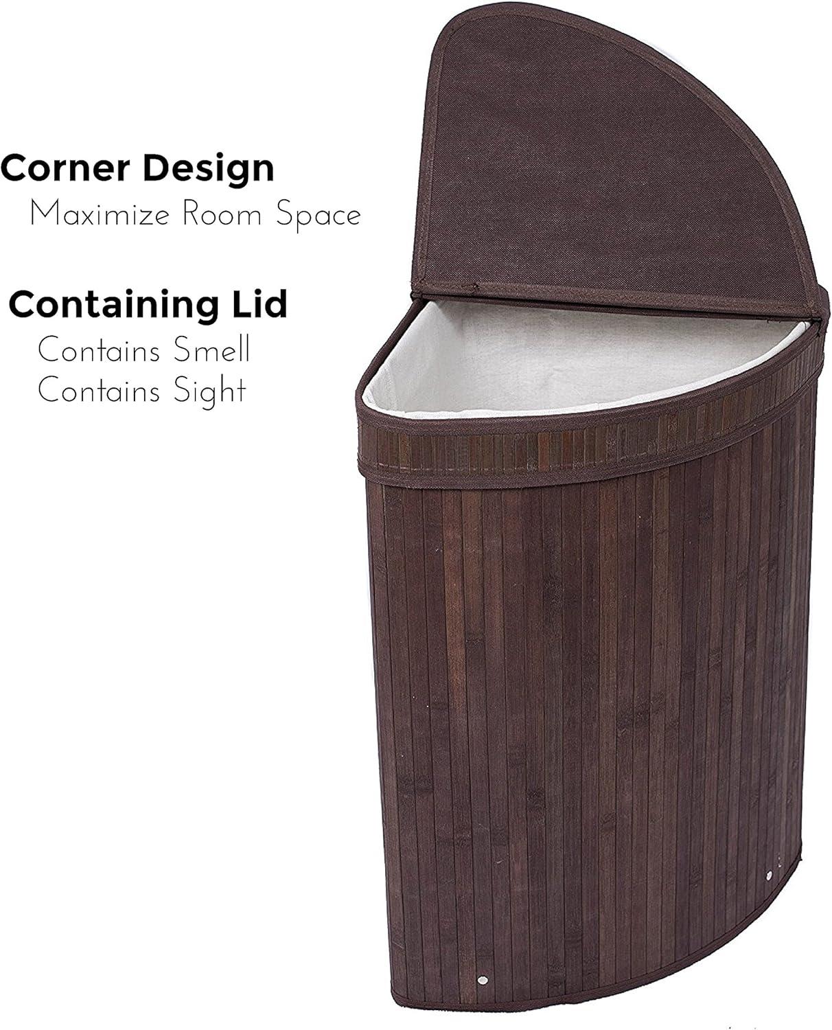 Espresso Bamboo Corner Laundry Hamper with Lid and Cloth Liner