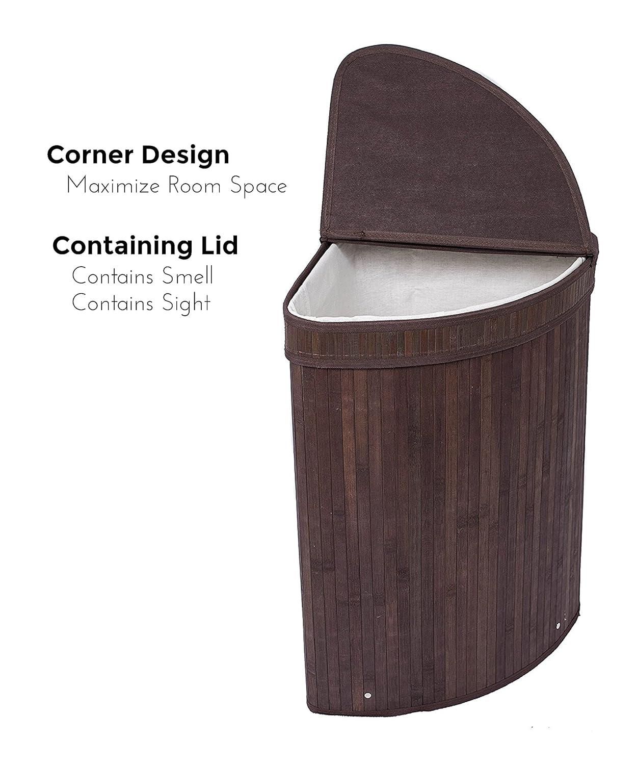 Espresso Bamboo Corner Laundry Hamper with Lid and Cloth Liner