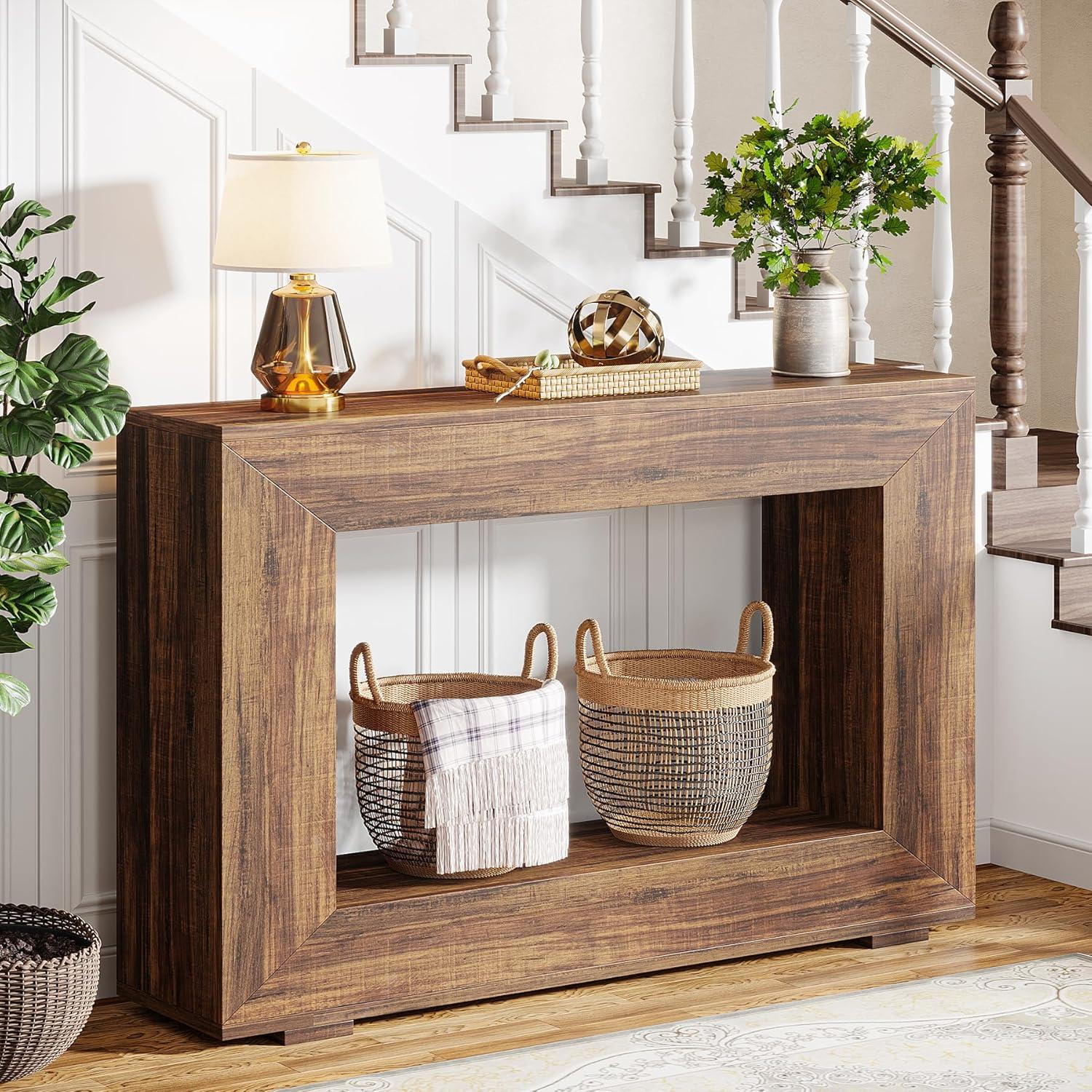 Farmhouse Rustic Wood Console Table with Storage, 47 Inches