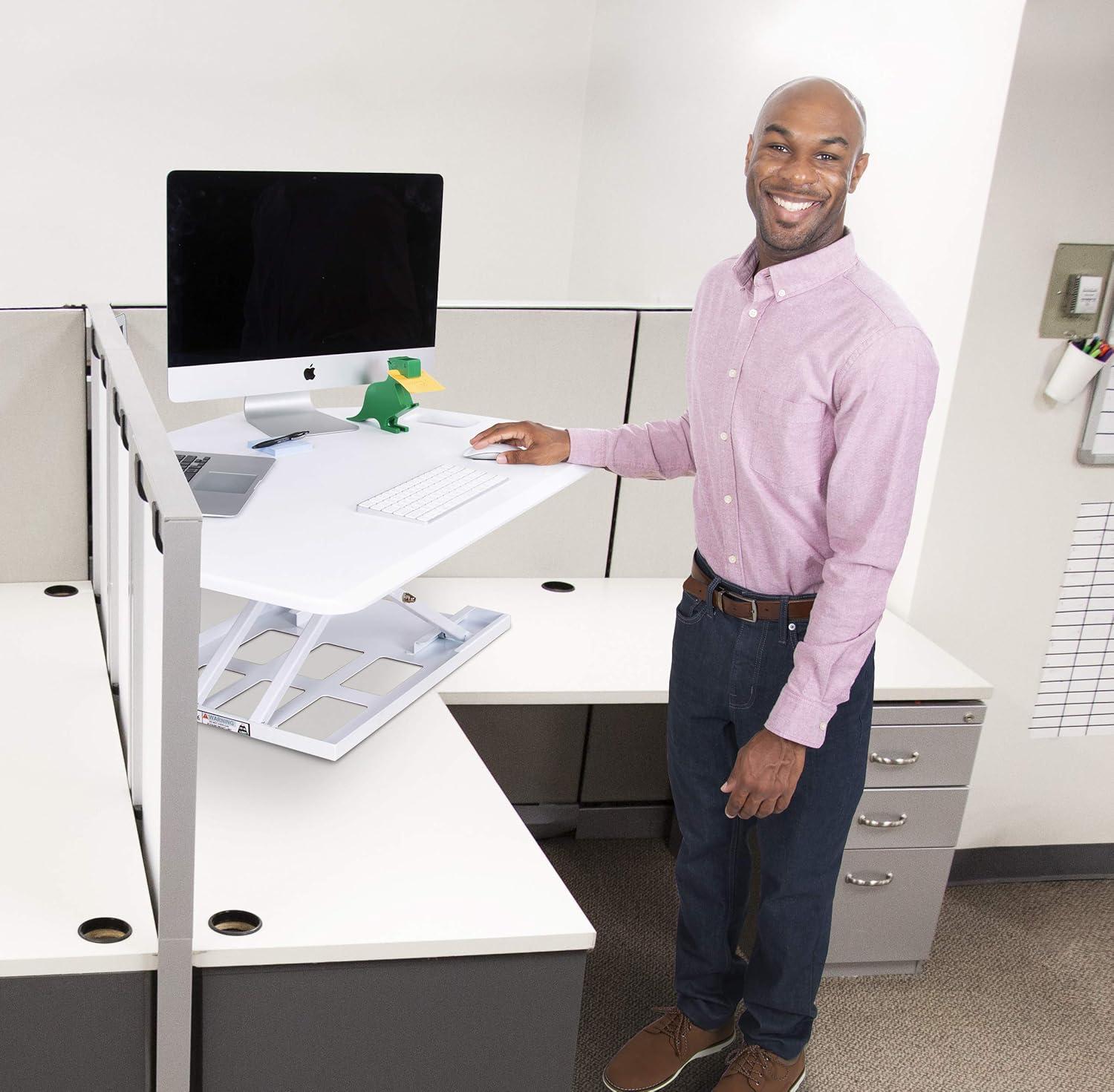 X-Elite Premier Corner Standing Desk Converter with Pneumatic Height Adjustment – White – Stand Steady