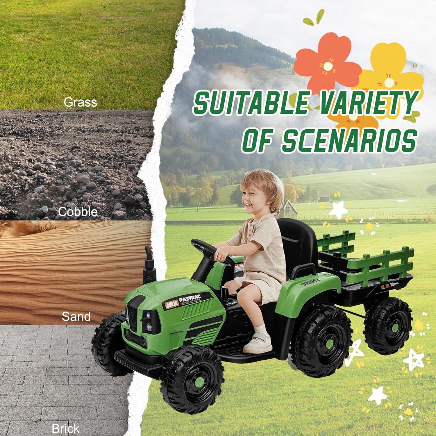 24V 400W Powered Electric Tractor for Kids, 3-Speed Ride On Tractor with Remote Control, USB/MP3/Bluetooth, LED Lights, Safety Belt, 1.86-4.97 MPH，Green