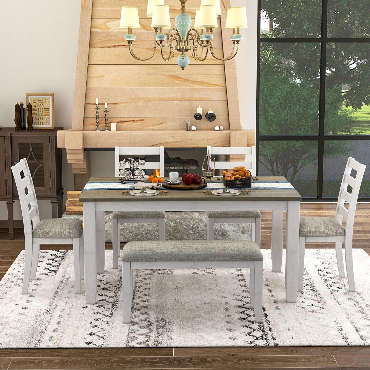 Harper & Bright Designs 6 Piece Farmhouse Dining Table Set with Bench, Wooden Dining Table with 4 Chairs & a Bench for Kitchen Room (Brown + Whitewash)