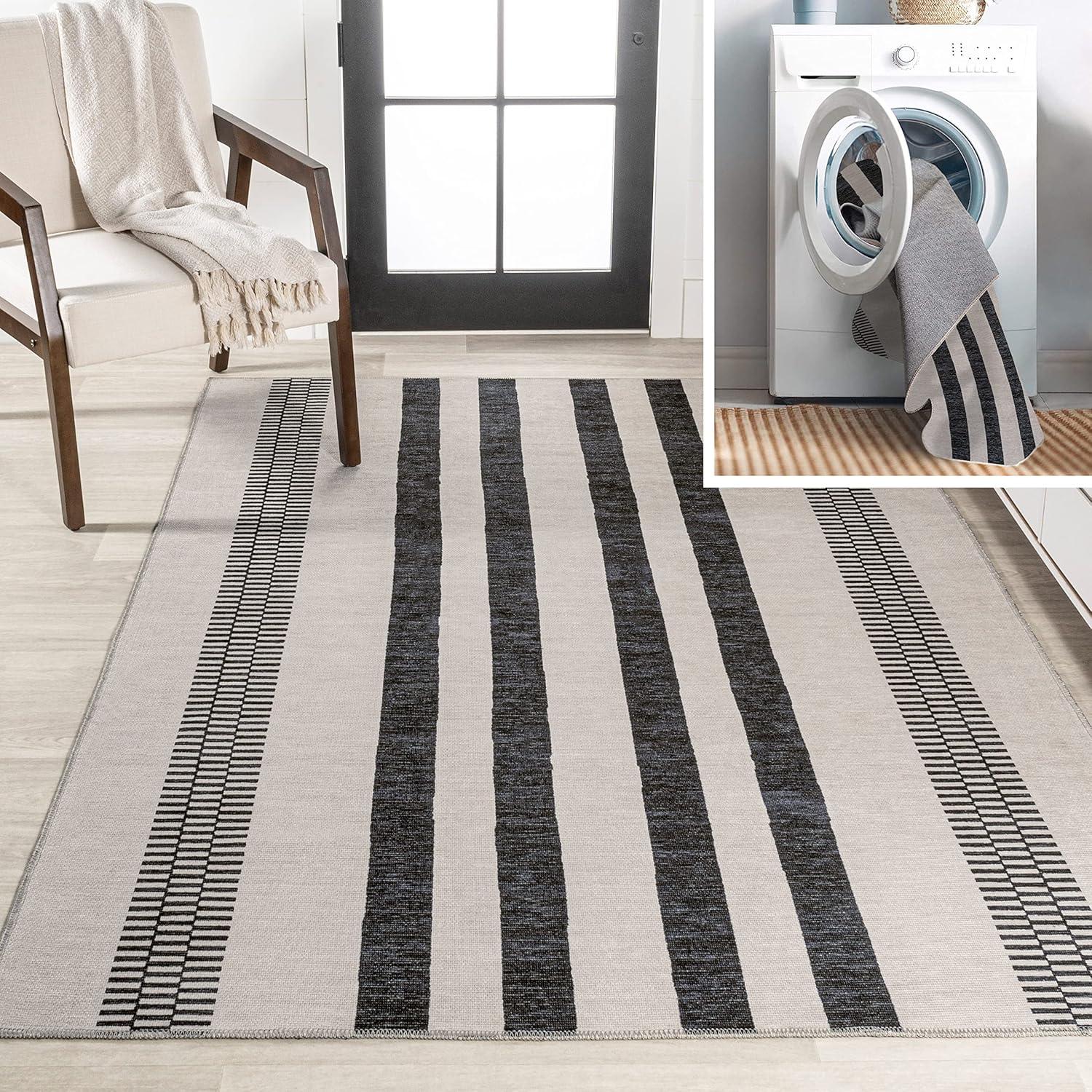 Cream and Black Striped Synthetic 3' x 5' Washable Area Rug