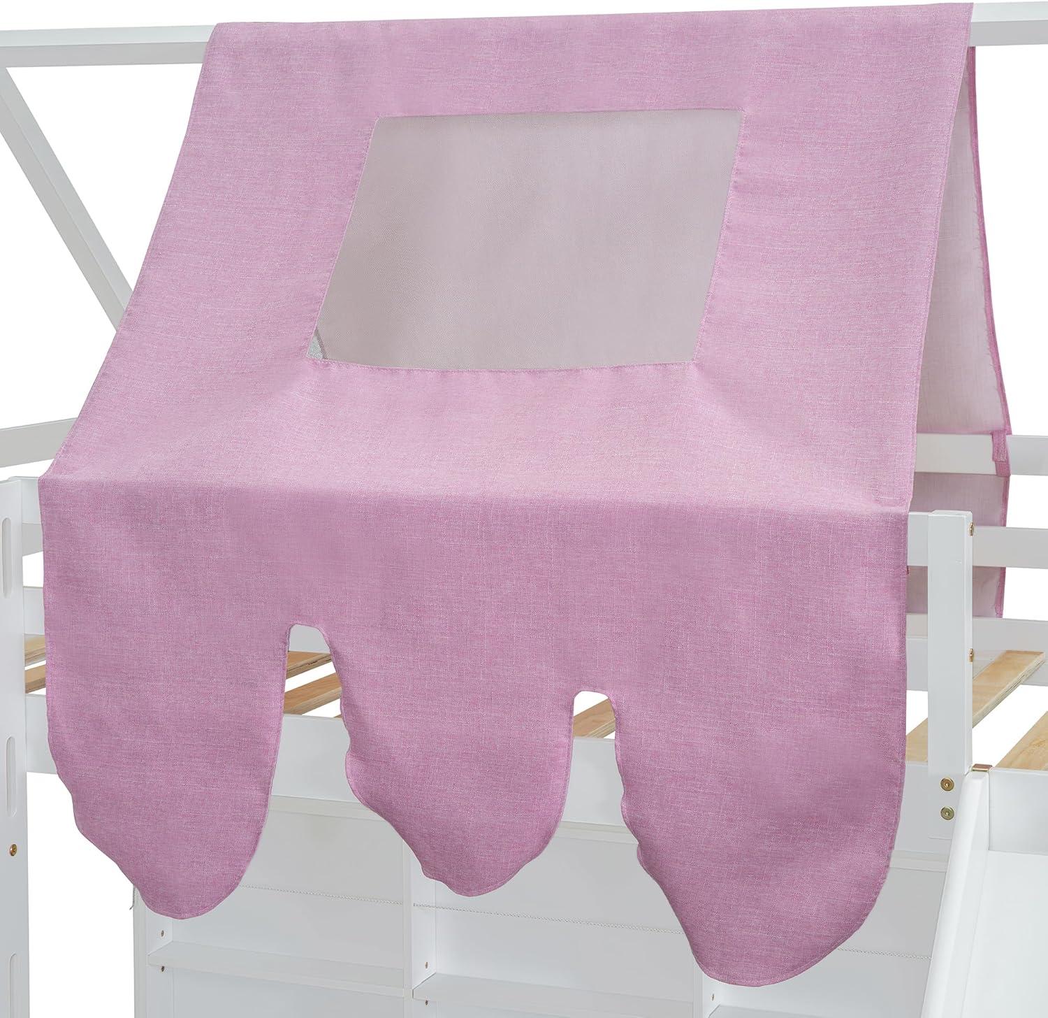 Twin Size Loft Bed, House Shaped Solid Wood Loft Bed with Tent, Slide and Functional Ladder for Kids, Girls & Boys (White+Pink, Twin)