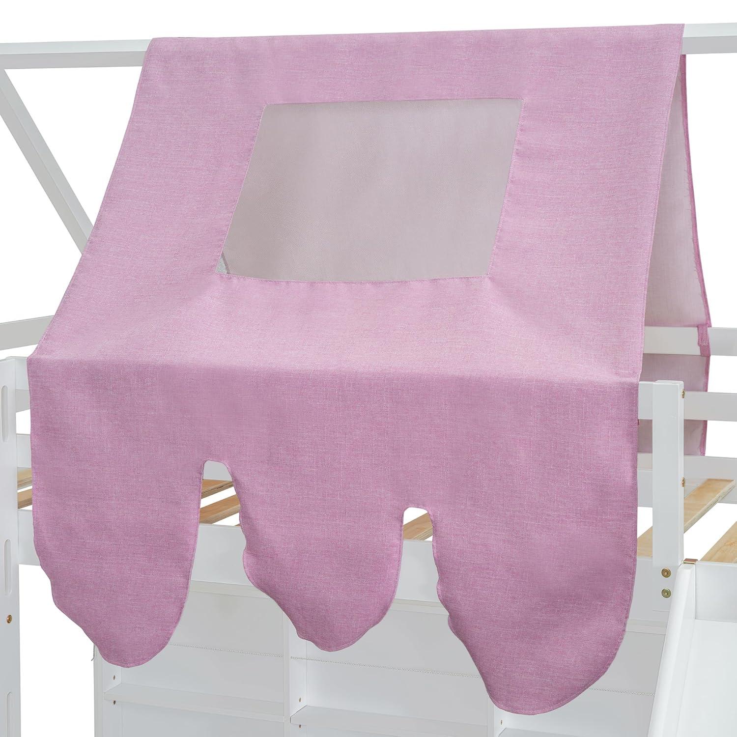 Twin Size Loft Bed, House Shaped Solid Wood Loft Bed with Tent, Slide and Functional Ladder for Kids, Girls & Boys (White+Pink, Twin)