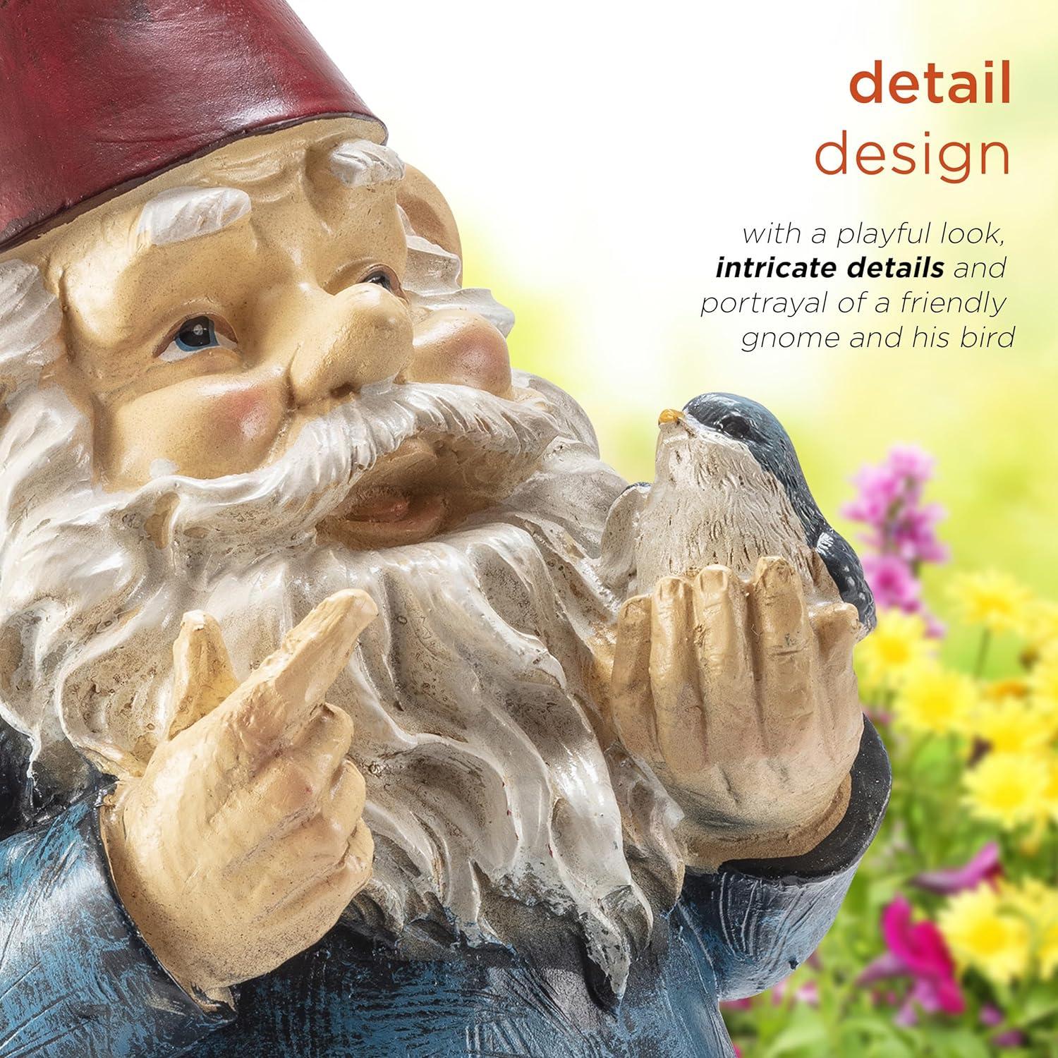 12-Inch Multicolor Garden Gnome with Bird Statue