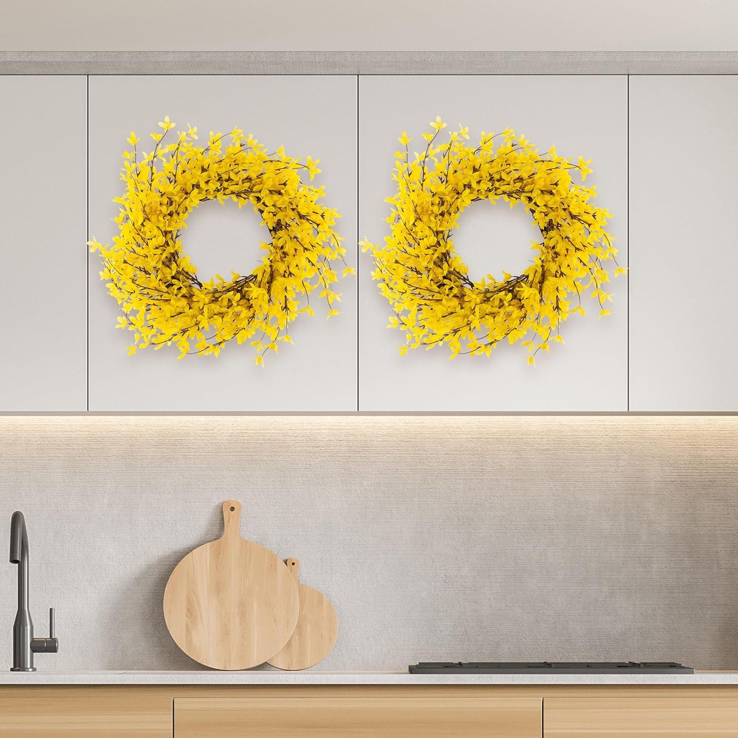 Pure Garden Set of Two 24-Inch Artificial Forsythia Wreaths for Home Decor