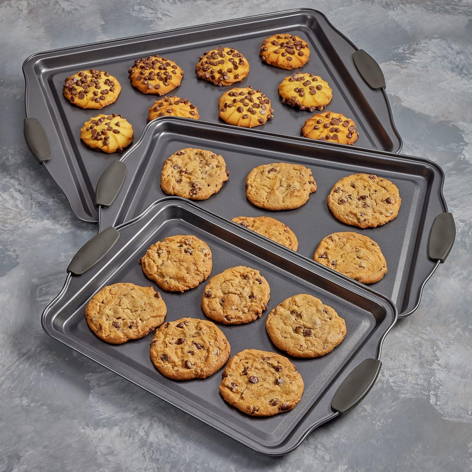 Gray Non-Stick Aluminum Cookie Sheet Set with Silicone Handles