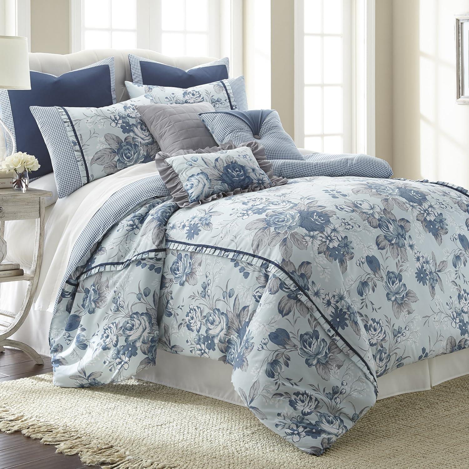 Blue Floral Microfiber Queen Reversible Comforter Set