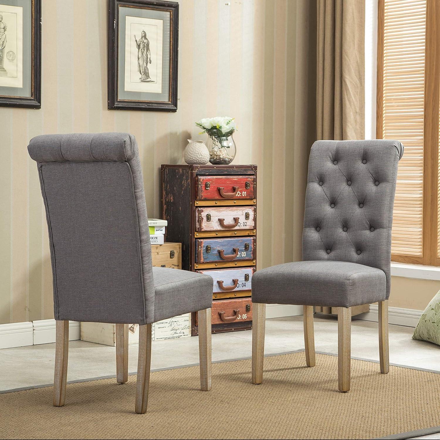 Elegant Gray Linen High-Back Parsons Side Chair Set with Oak Finish