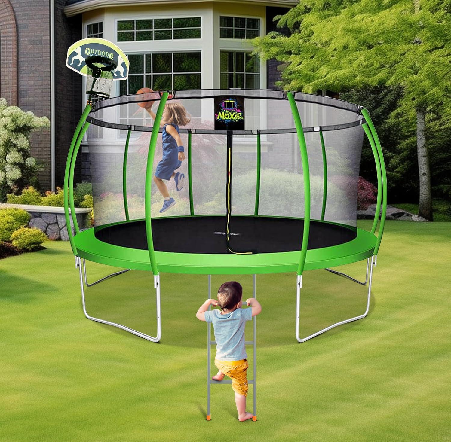 Moxie 15 FT Outdoor Trampoline Set w/ Safety Enclosure, includes Basketball Hoop with Ball & Pump & Ladder