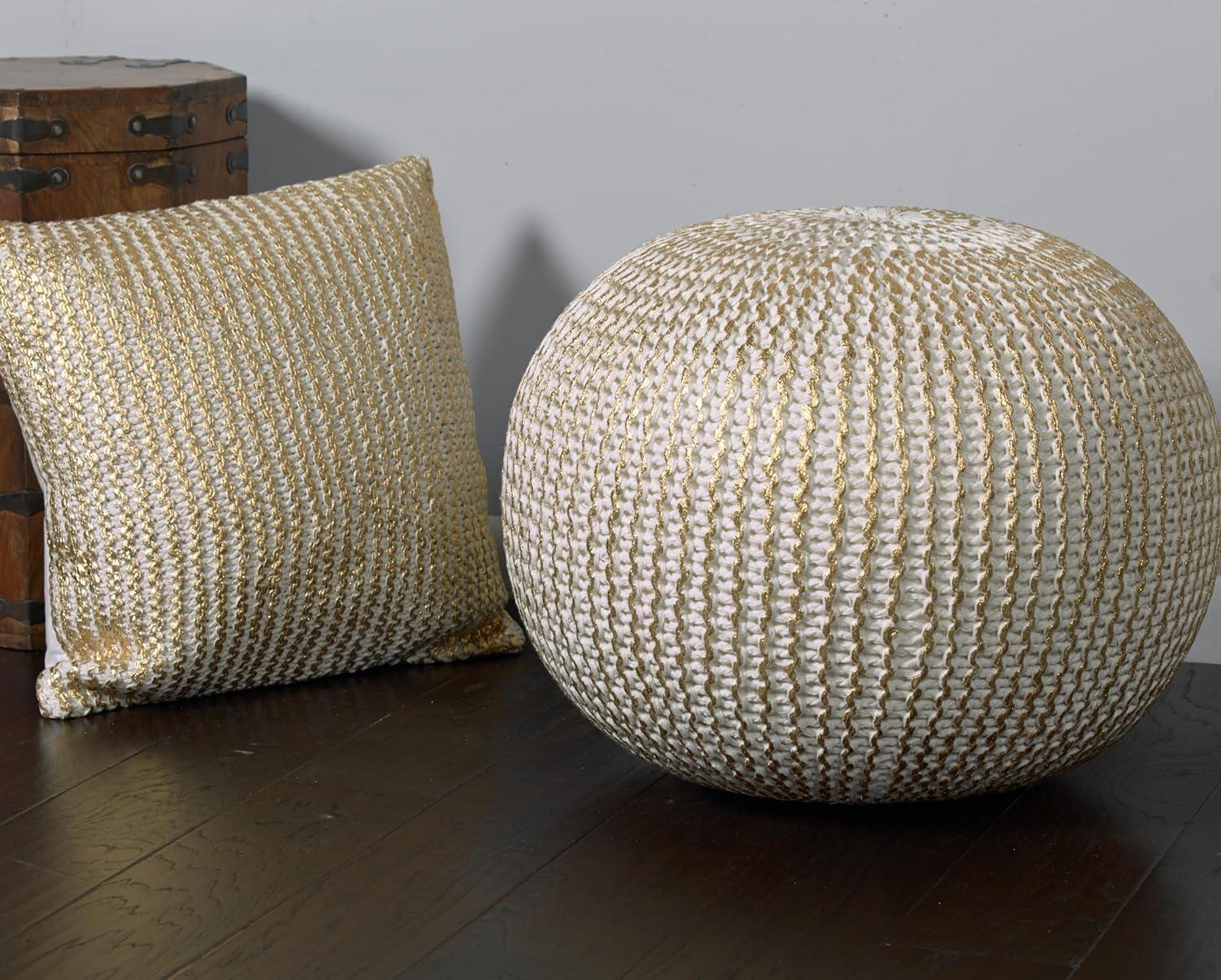 Ox Bay Caitlin Round Solid Print Hand Knitted Cotton Indoor Pouf, White