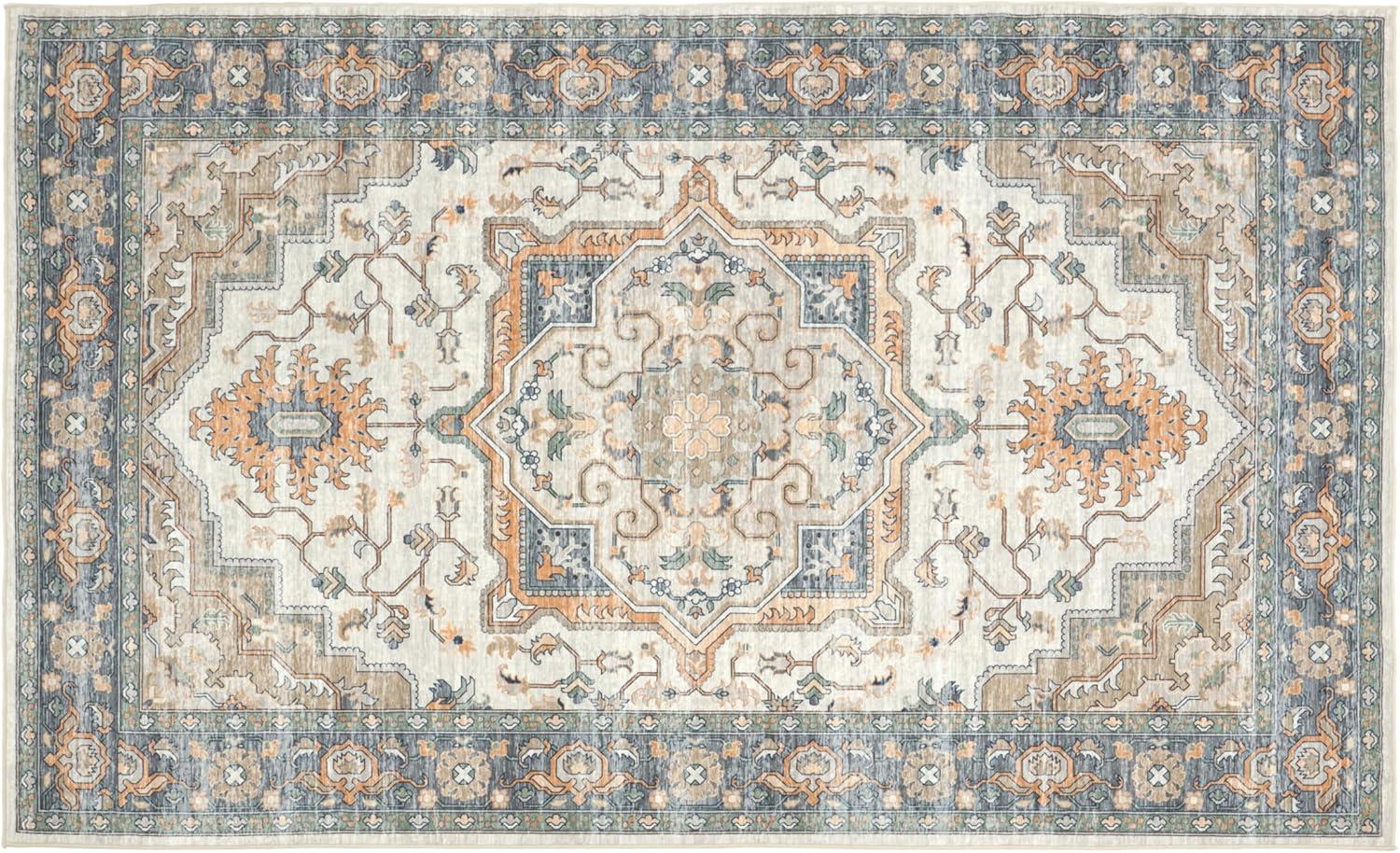 Umber Washable Medallion Rug in Cider Brown and Blue, 5x8