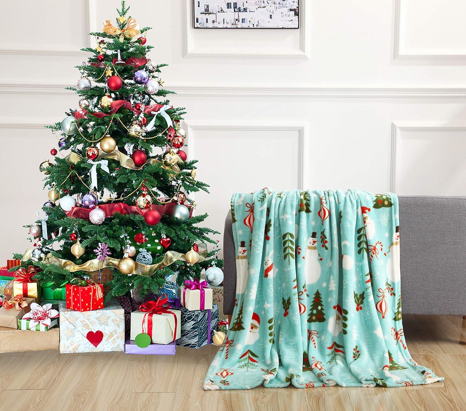 Teal Holiday Fleece Throw Blanket with Santa and Snowman, 50" x 60"