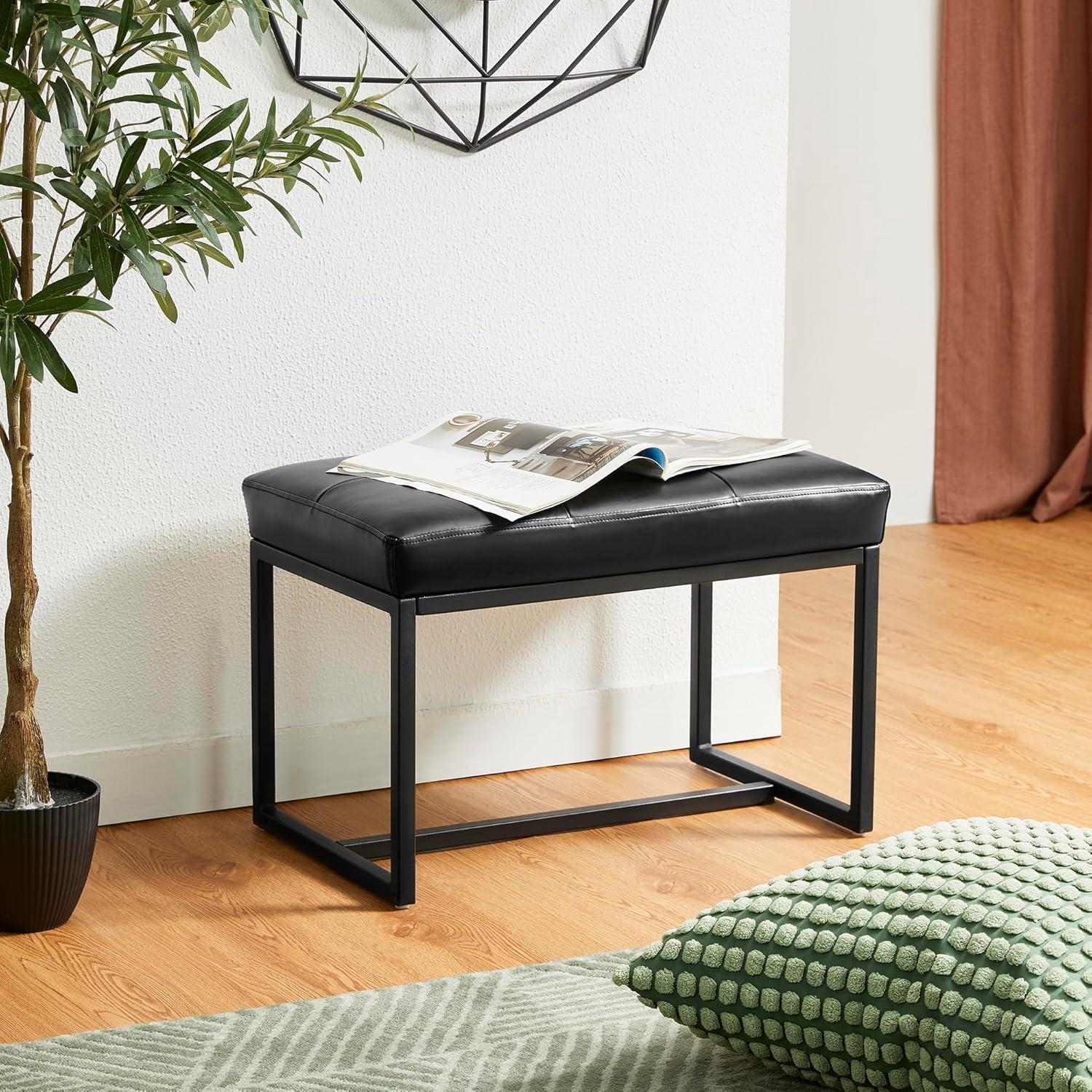 Modern Black Faux Leather Tufted Ottoman with Metal Frame