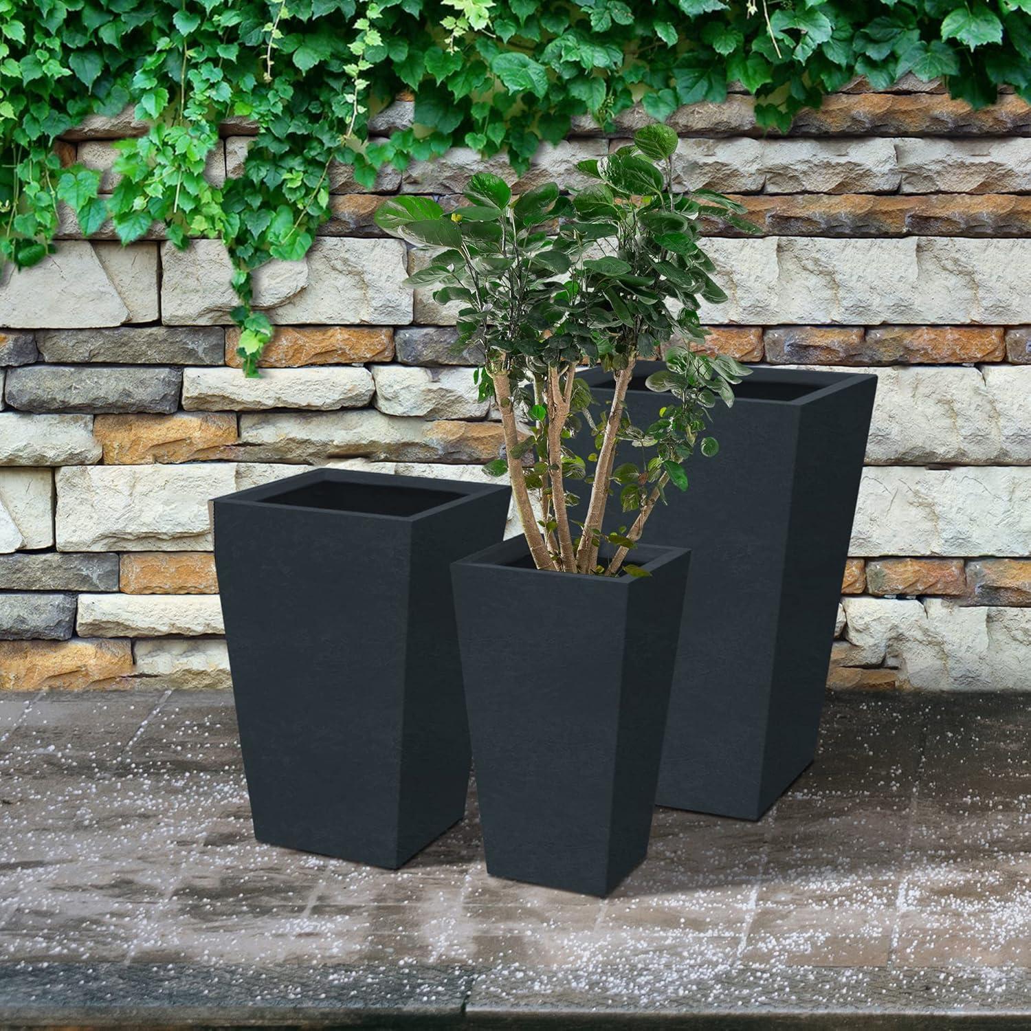 Charcoal Finish Tall Concrete Planter Set with Drainage Holes