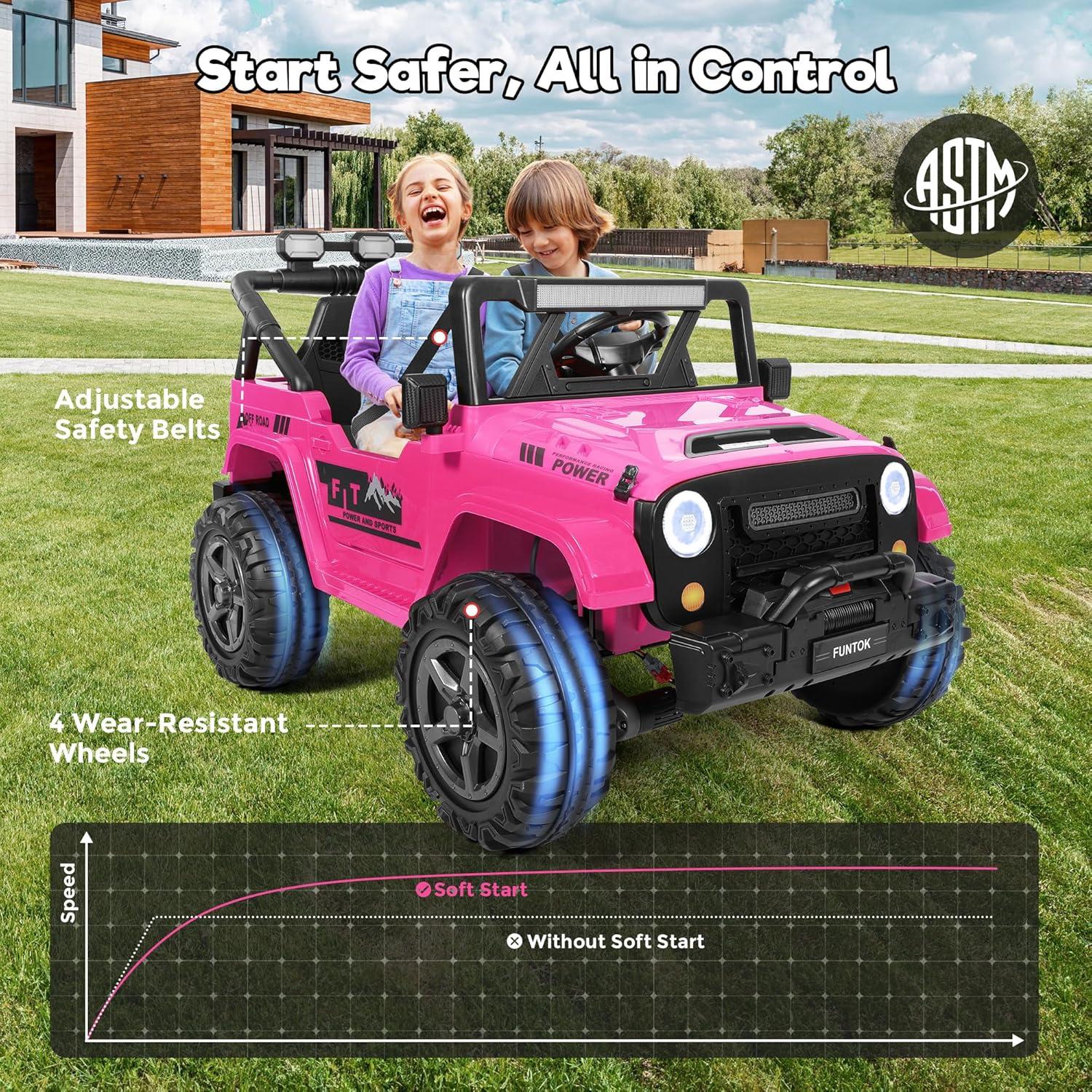 FUNTOK 24 Volt 2 Seater Kids Ride on Truck w/ 20 " Large Seat, 4 x 200W Motor Electric Vehicle Car, 4WD/2WD Switchable Battery Powered Ride on Toy, 3 Speeds with Remote Control & LED Lights, Pink