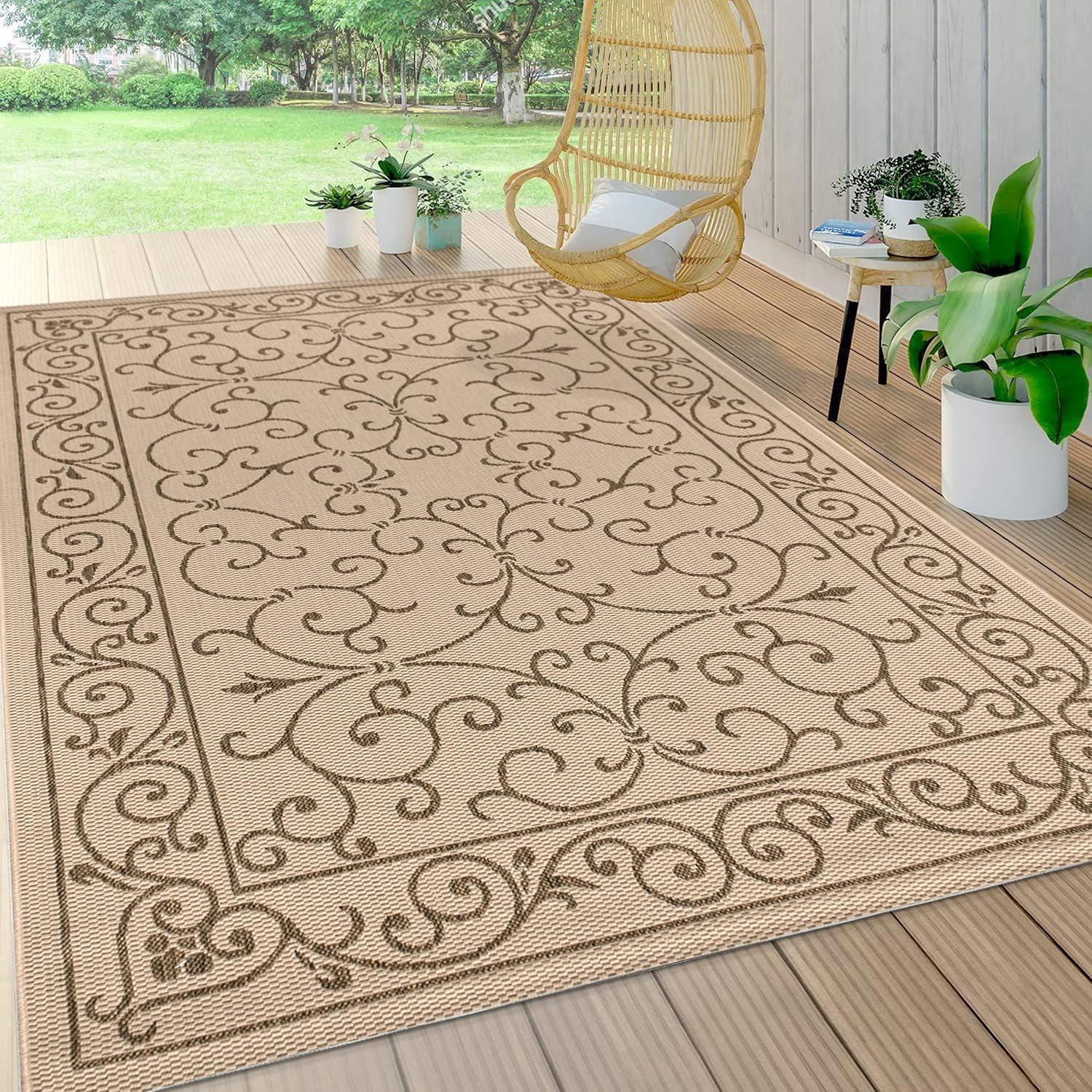 9' X 12' Charleston Vintage Filigree Textured Weave Indoor/Outdoor Area Rug, Beige/Brown - JONATHAN Y