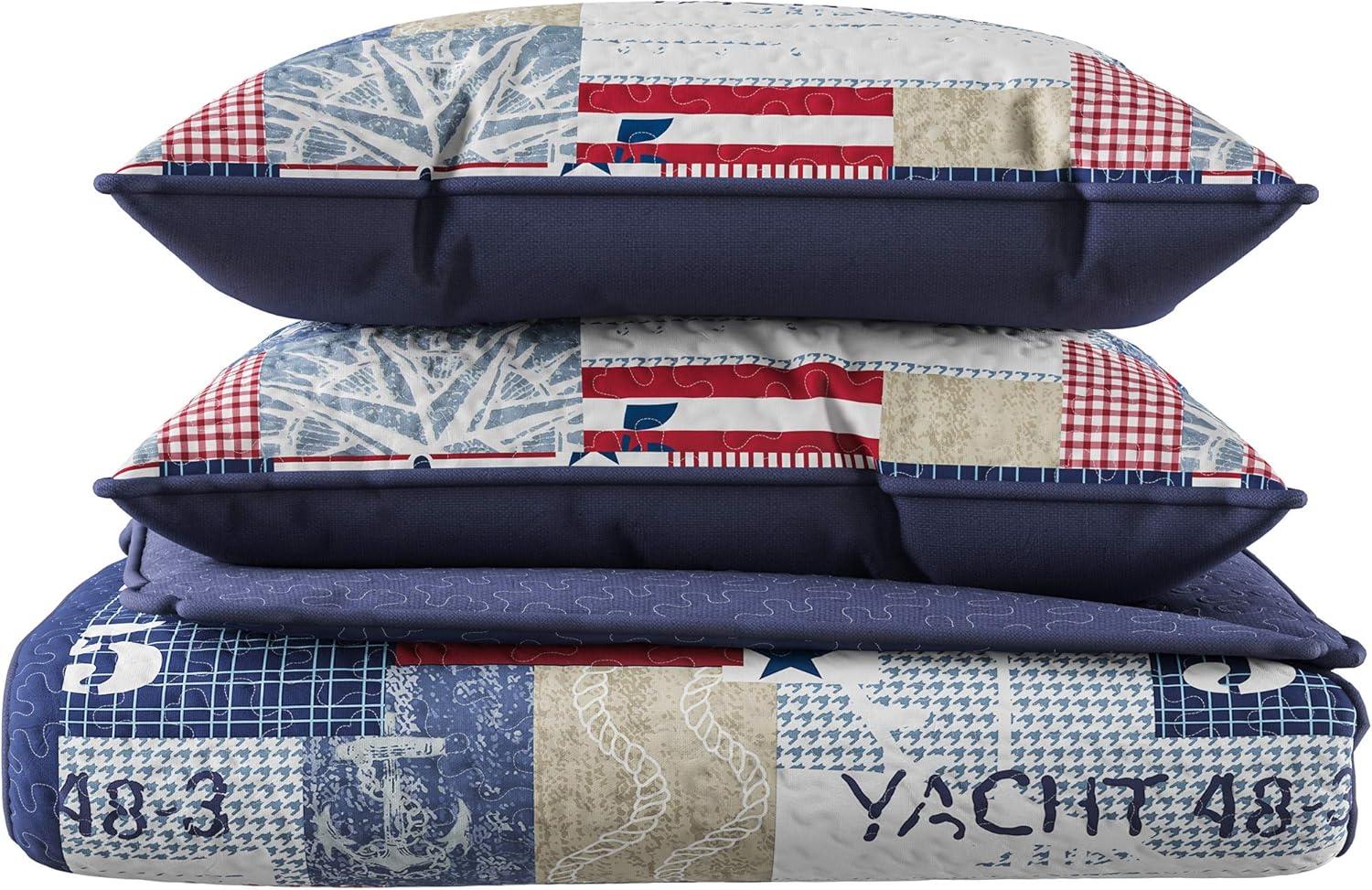 Quilt Set - Nautical Americana Patchwork Print All-Season Soft Microfiber Bedding with Pillow Sham