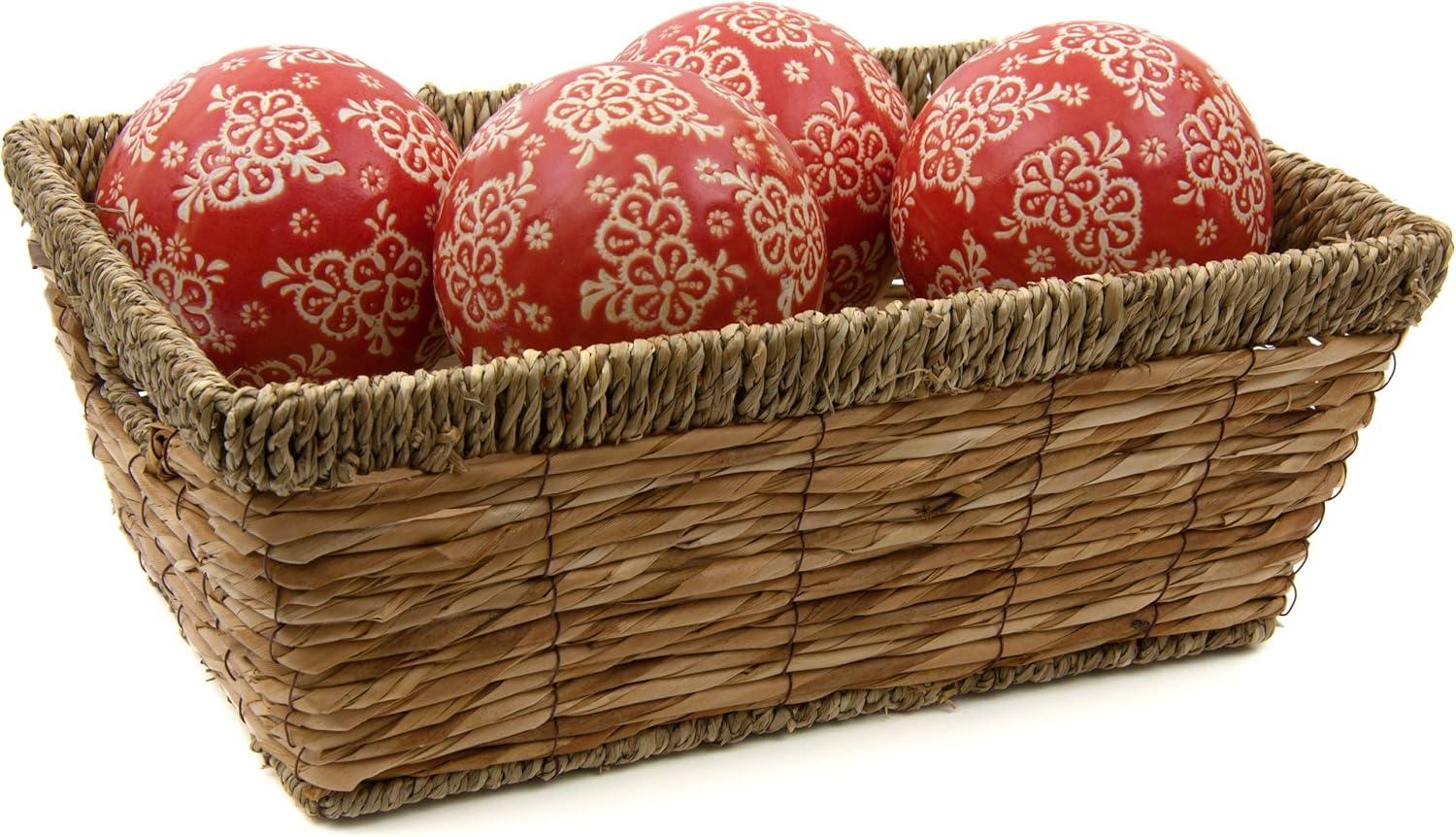 Oriental Furniture 4" Red and Beige Flowers Porcelain Ball Set