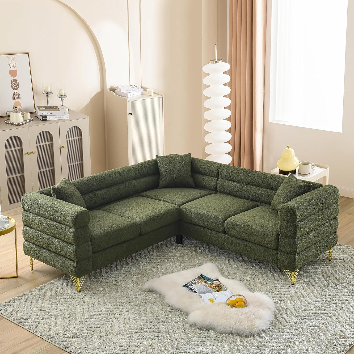 81.5" Oversized L-Shaped Sectional Sofa, Upholstered Teddy Fabric Corner Sofa with 3 Pillow, 5-Seater Corner Sofas with Padded Cushions, Indoor Modular Sofa for Living Room, Bedroom, Office, Green