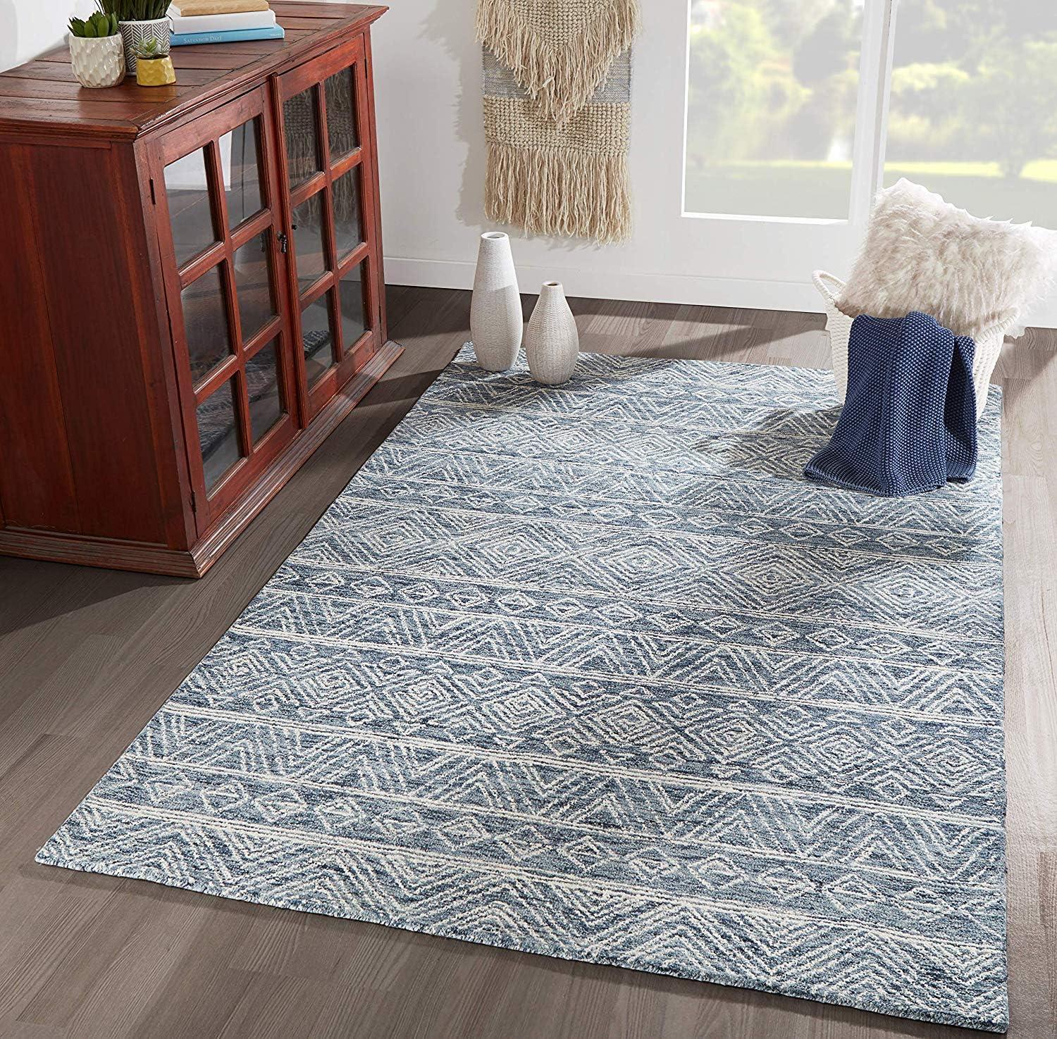 2'x8' Runner Mallorca Evalyn Rug Denim - Momeni: Wool, Geometric, Modern, Handmade, Low Pile, Indoor Area Rug