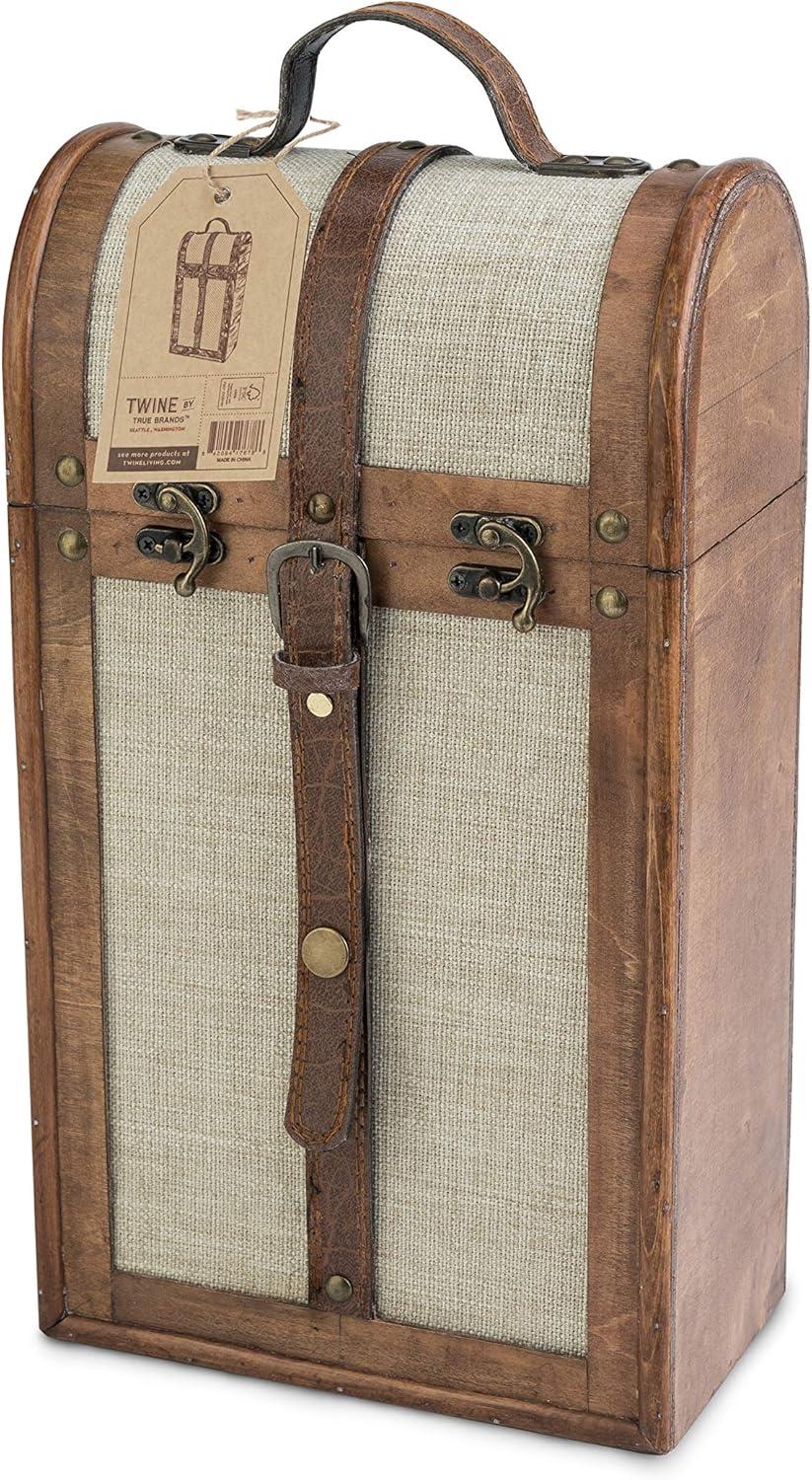 Twine Vintage Trunk Wine Bottle Gift Box, Wood Wine Box with Lid and Handle, Holds 2 Bottles, Wood, Faux Leather, Brass, Cloth