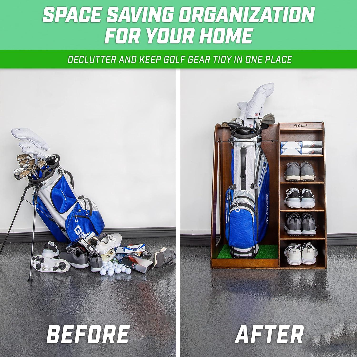 GoSports Premium Wooden Freestanding Golf Bag Organizer and Storage Rack