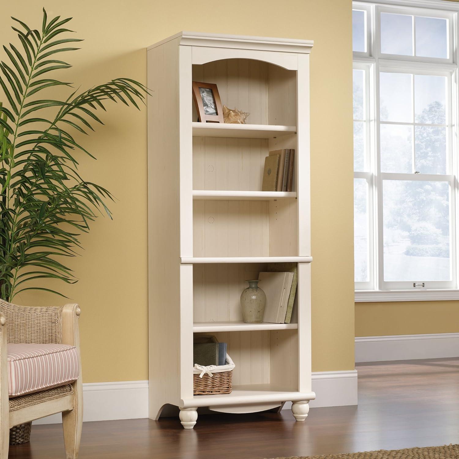 Harbor View Antiqued White 72" Cottage-Style Library Bookcase with Drawers