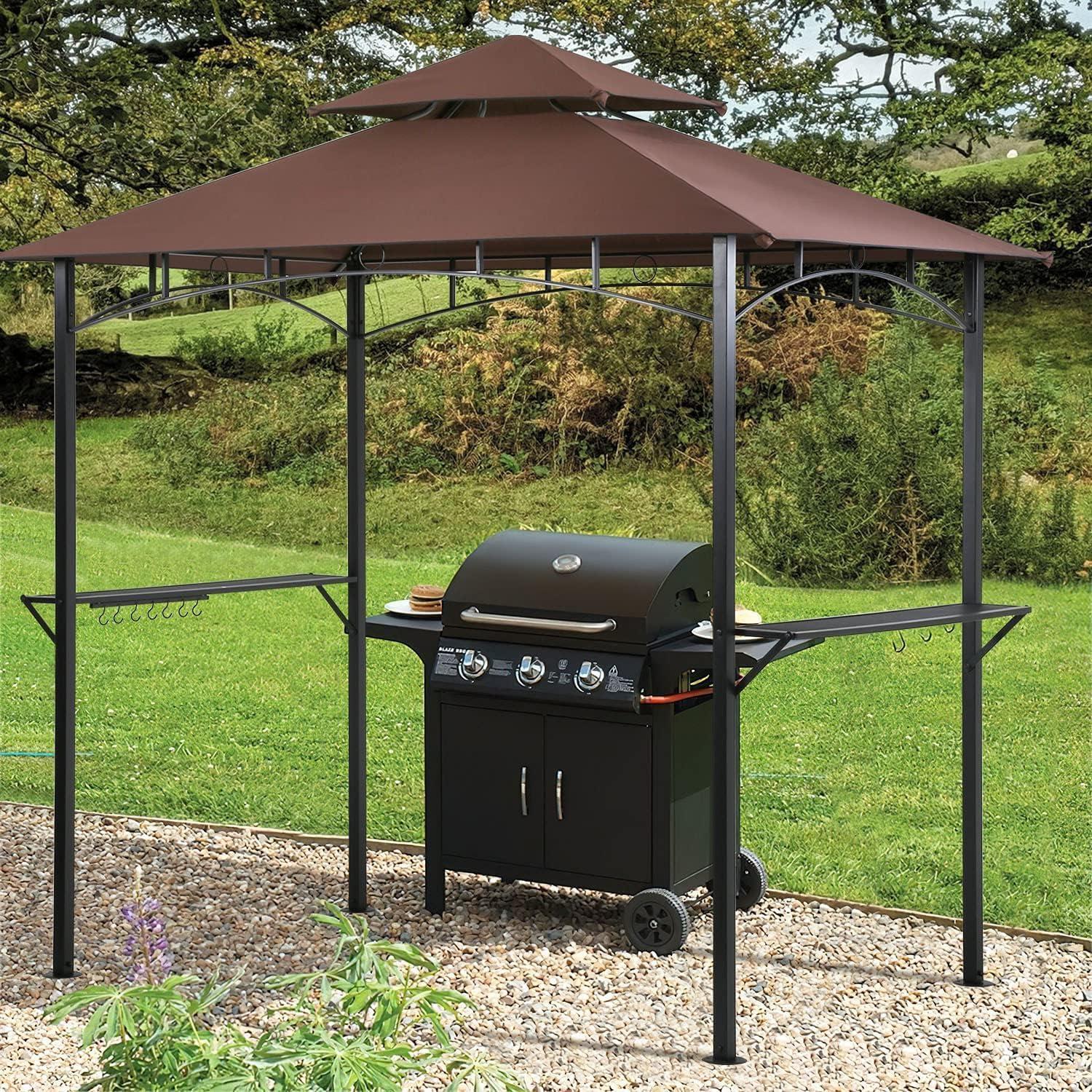 8' x 5' Brown Metal Grill Gazebo with Double Roof and Shelves