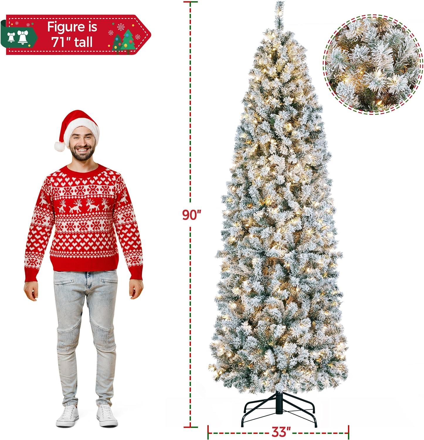 7.5ft Pre-lit Snow-Flocked Kingswood Fir Pencil Artificial Christmas Tree