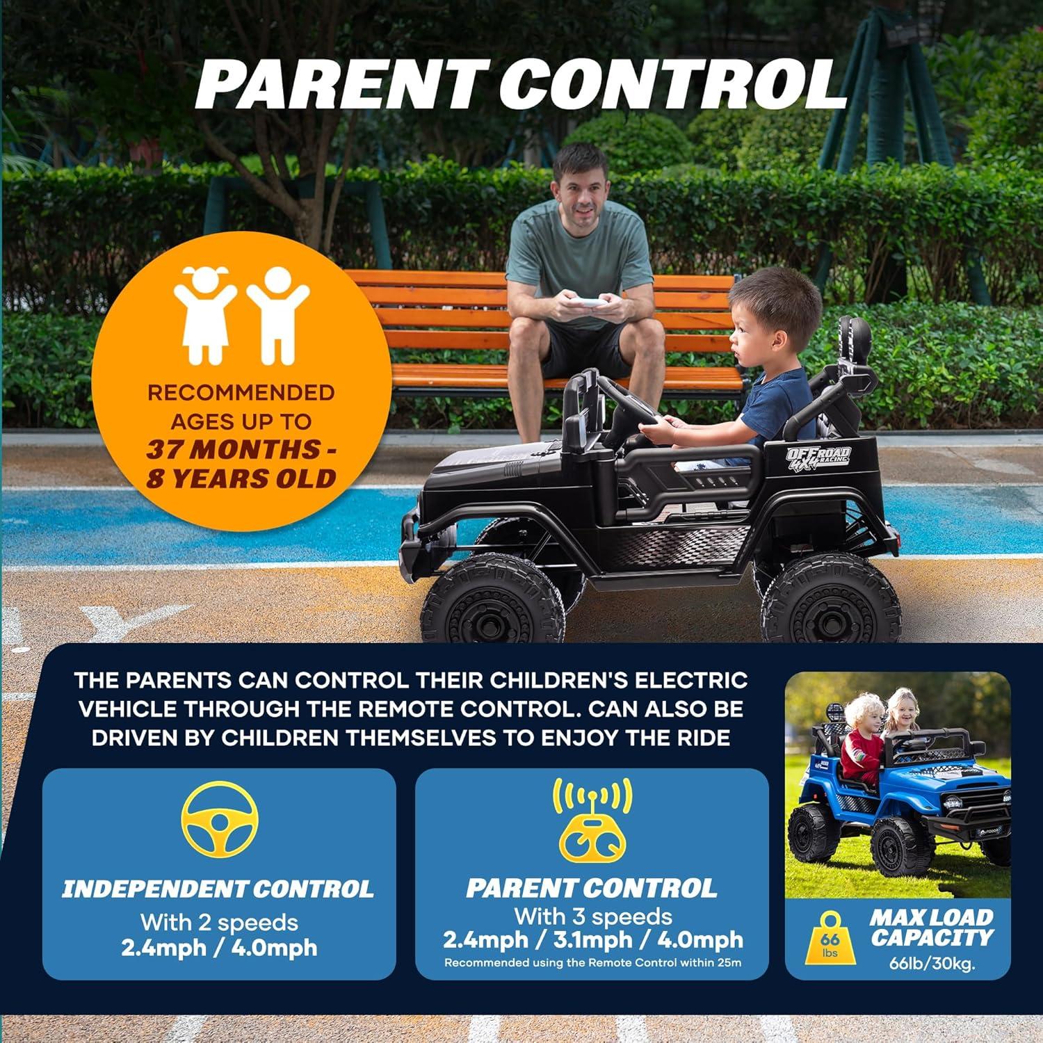 Outdoor Cruise 1 Seater 12V Ride-On Electric Car for Kids - Remote Control Ride-On Jeep Power Wheels, Battery Operated Cars for Ages 5-7 with Parental Control for Safe Adventures - Black