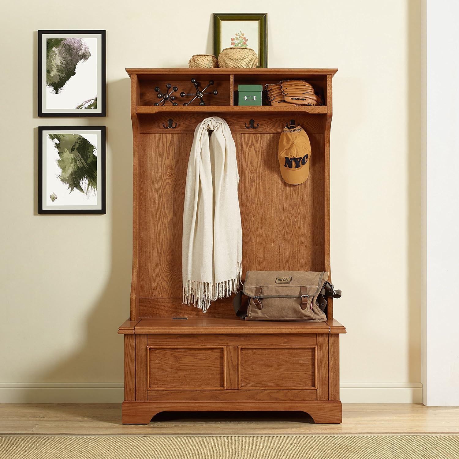 Campbell Hall Tree Oak - Crosley: Spacious Bench, 4 Double Hooks, Shoe Storage