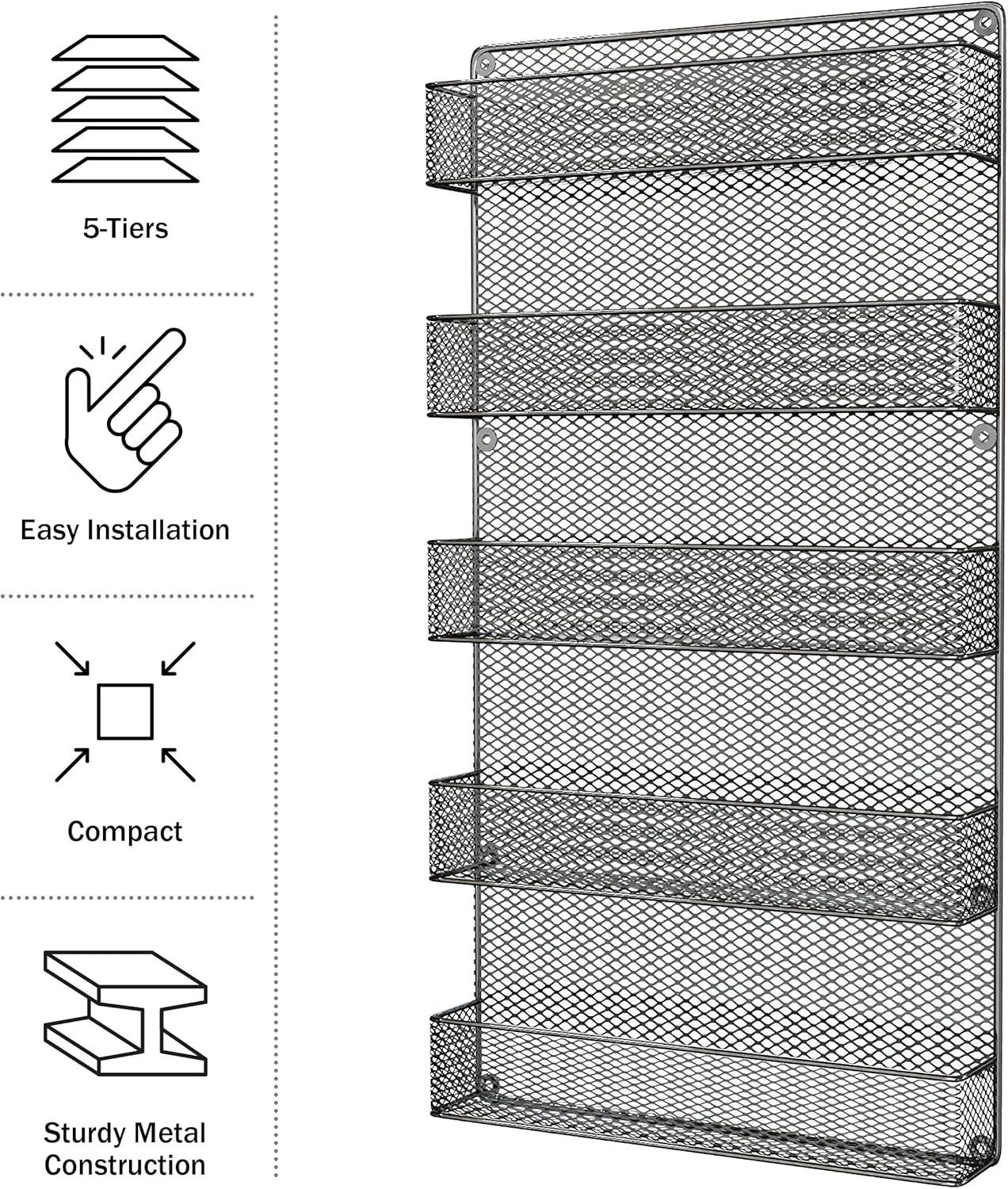 Spice Rack Organizer - Space-Saving Wall-Mount 5-Tier Wire Shelves for Pantry or Cabinets - Kitchen Organization and Storage by Home-Complete (Black)