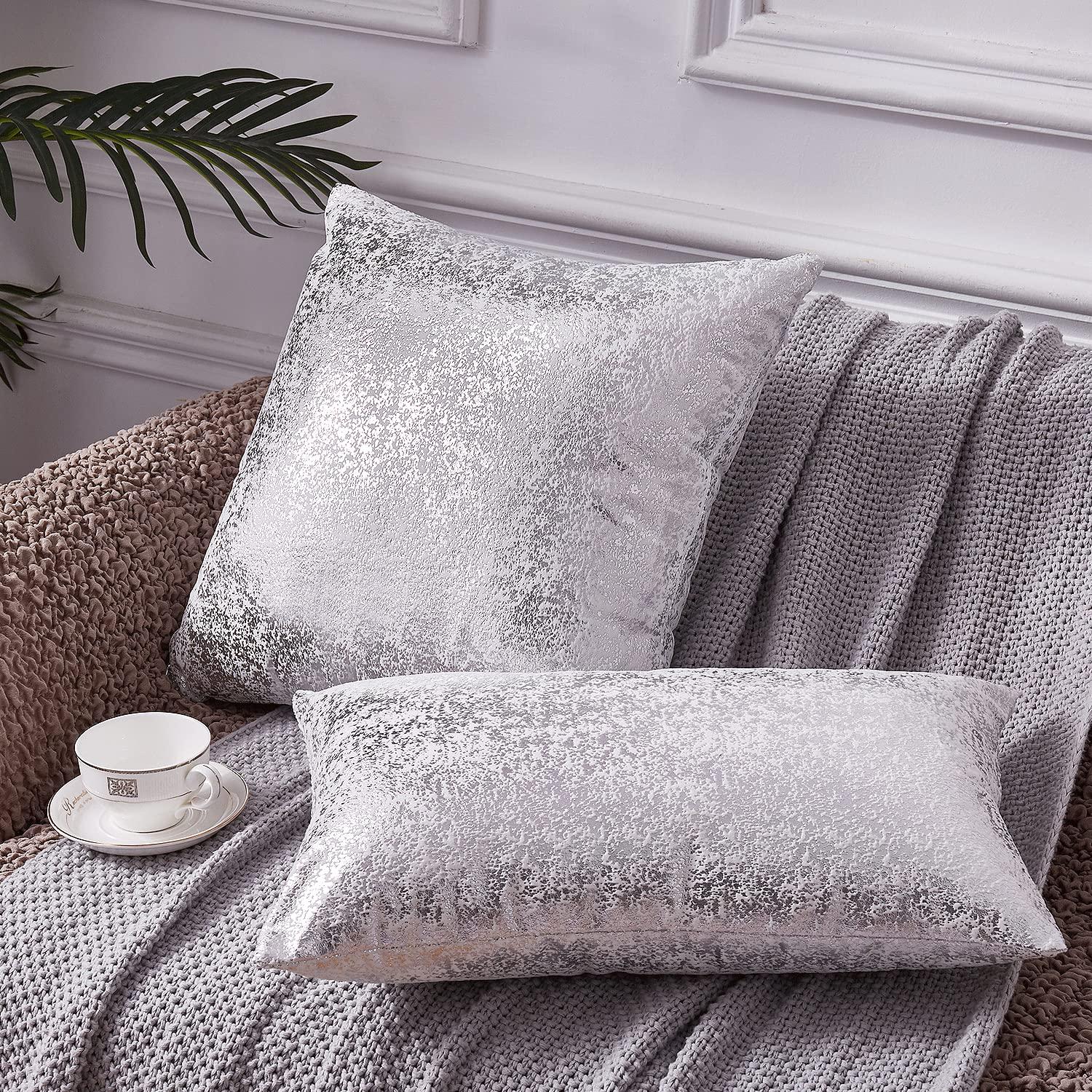 Silver Velvet Bliss Pillow Covers - Set of 2 White 18x18 Decorative Square Throw Pillows for Home Decor. Ideal for Bedroom, Living Room, Couch, Bed, and Sofa. Luxurious White and Silver Design.
