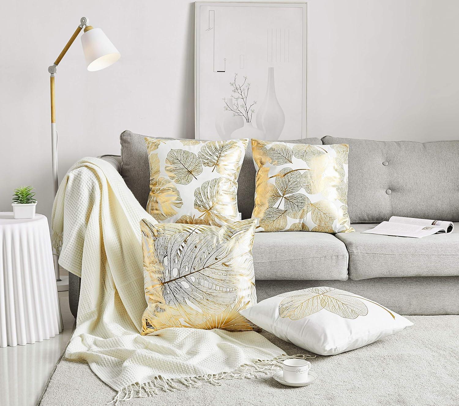 Pack of 4 Decorative Throw Pillow Case Cushion Cover Gold Stamping Leaves 18 x 18 inches 45 x 45 cm for Couch Bedroom Car