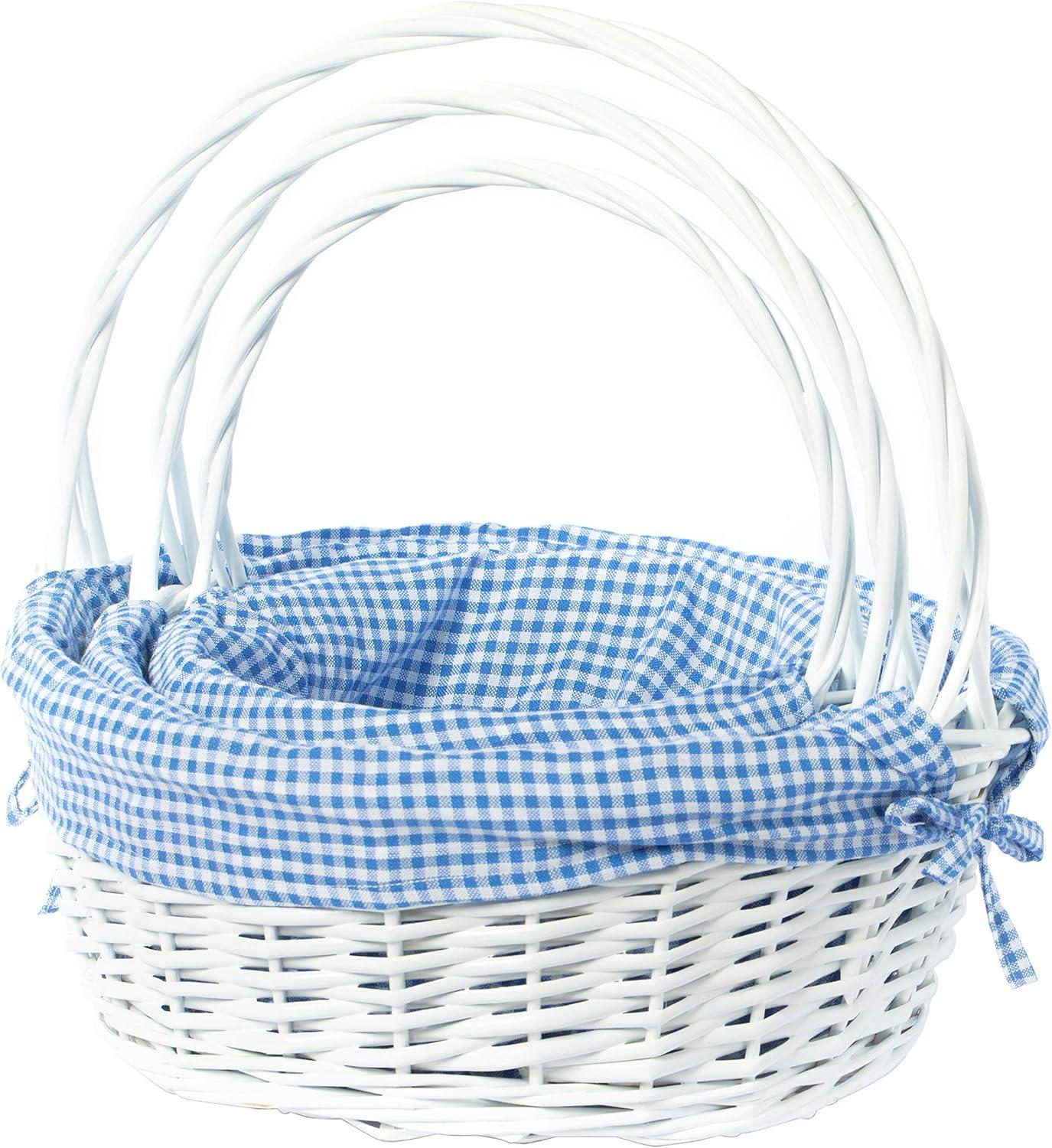 Vintiquewise White Round Willow Gift Basket, with Gingham Liner and Handle