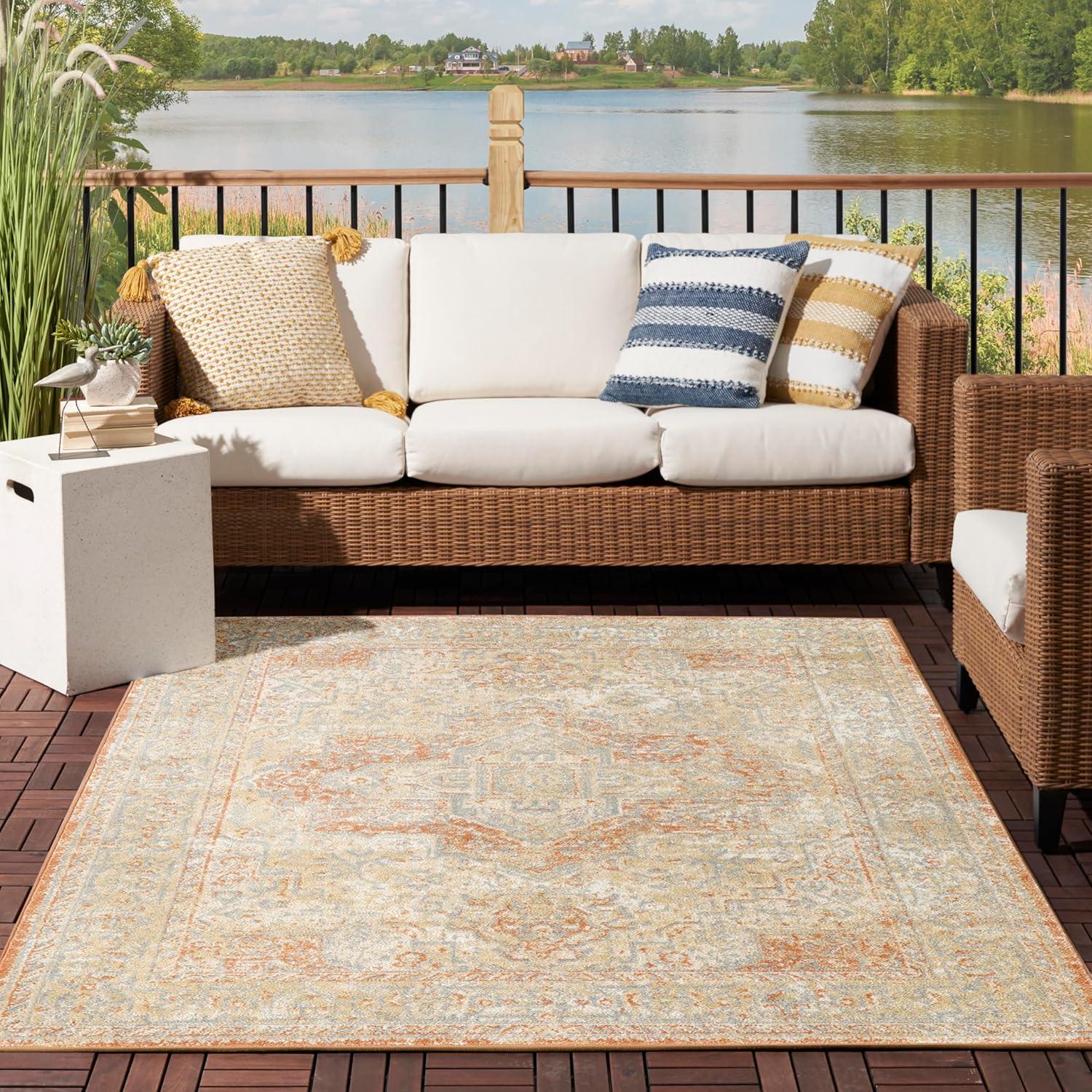 Nourison Essentials Persian Vintage Indoor Outdoor Area Rug Beige Rust 5' x 7'