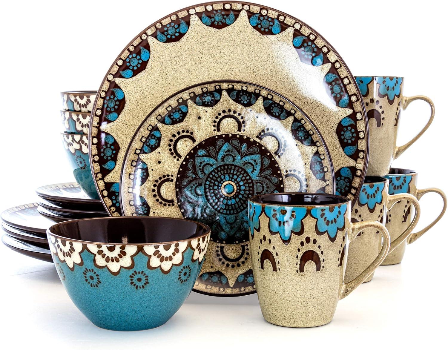 Clayheart 16-Piece Blue and Tan Ceramic Dinnerware Set