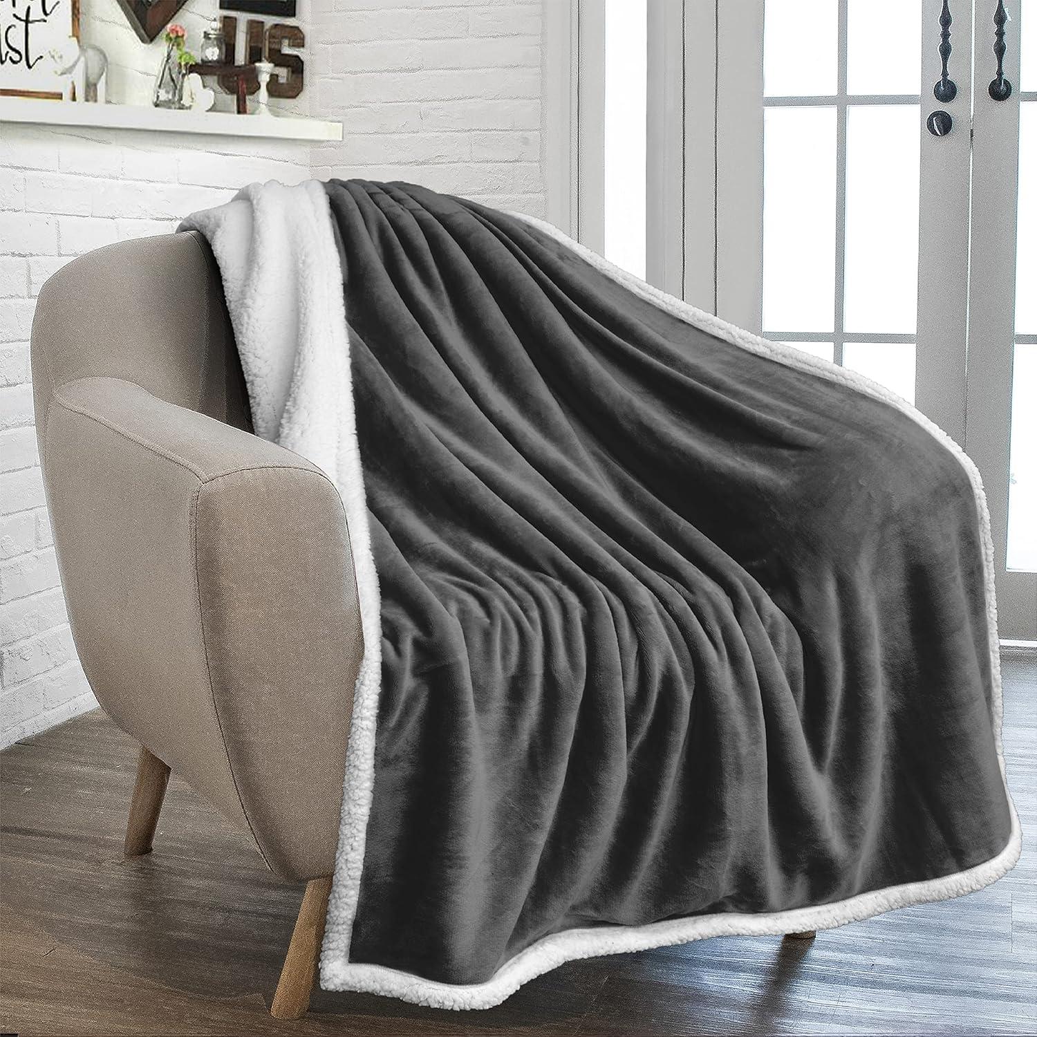 PAVILIA Premium Faux Shearling Fleece Throw Blanket for Bed, Reversible Warm Blanket for Couch Sofa