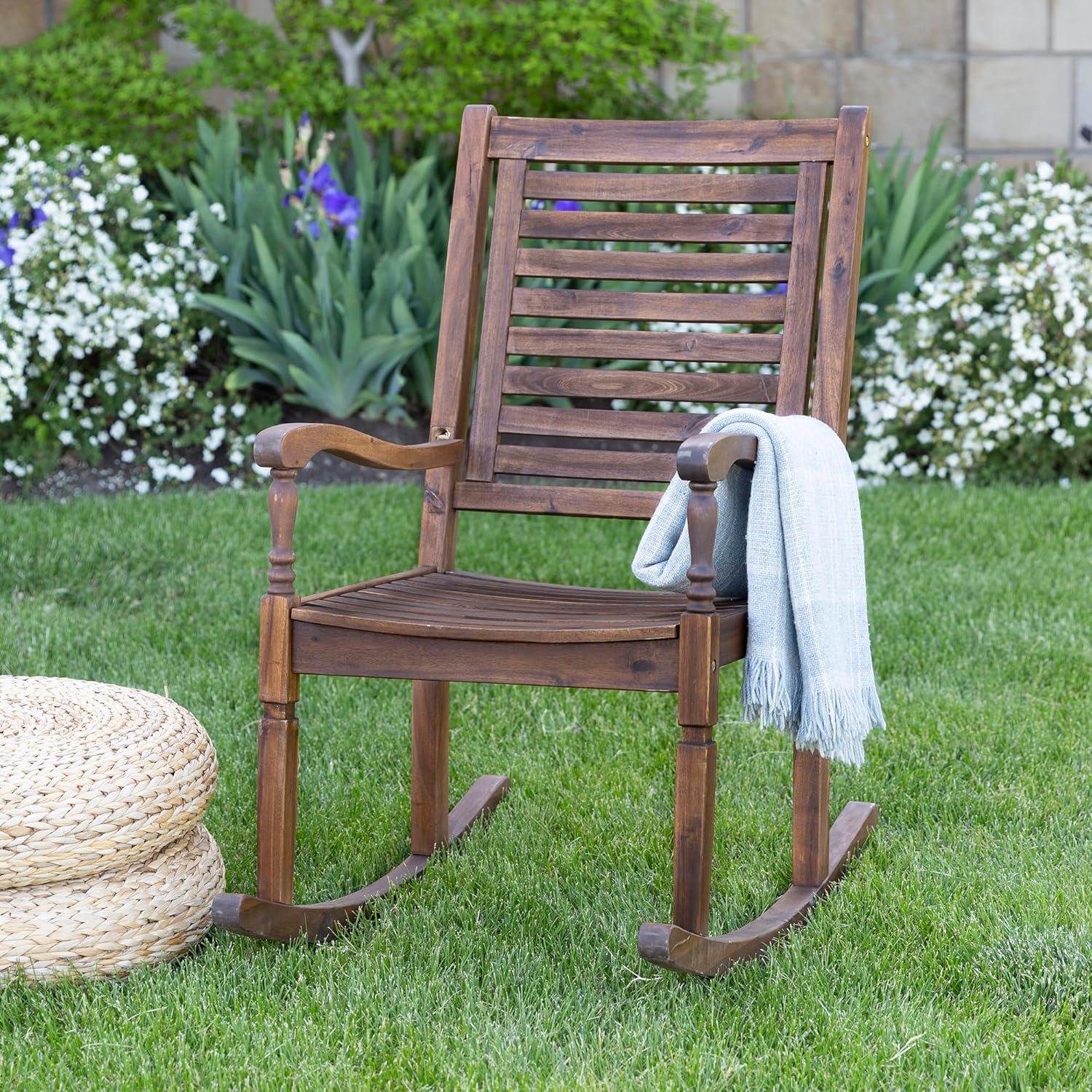 Walker Edison Solid Wood Outdoor Patio Rocking Chair, Dark Brown