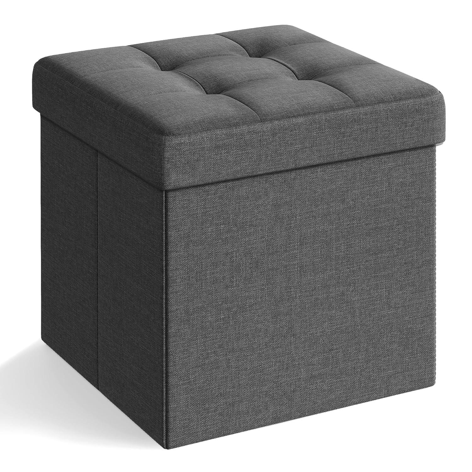 SONGMICS 15 Inches Folding Storage Ottoman Bench, Storage Chest, Foot Rest Stool, Bedroom Bench with Storage, Dark Gray