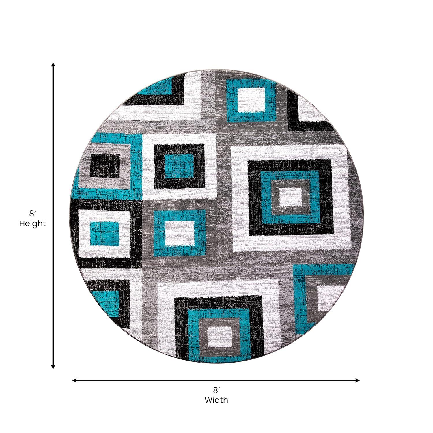 Gideon Collection Geometric 8' x 8' Turquoise, Grey, and White Round Olefin Area Rug with Cotton Backing, Living Room, Bedroom
