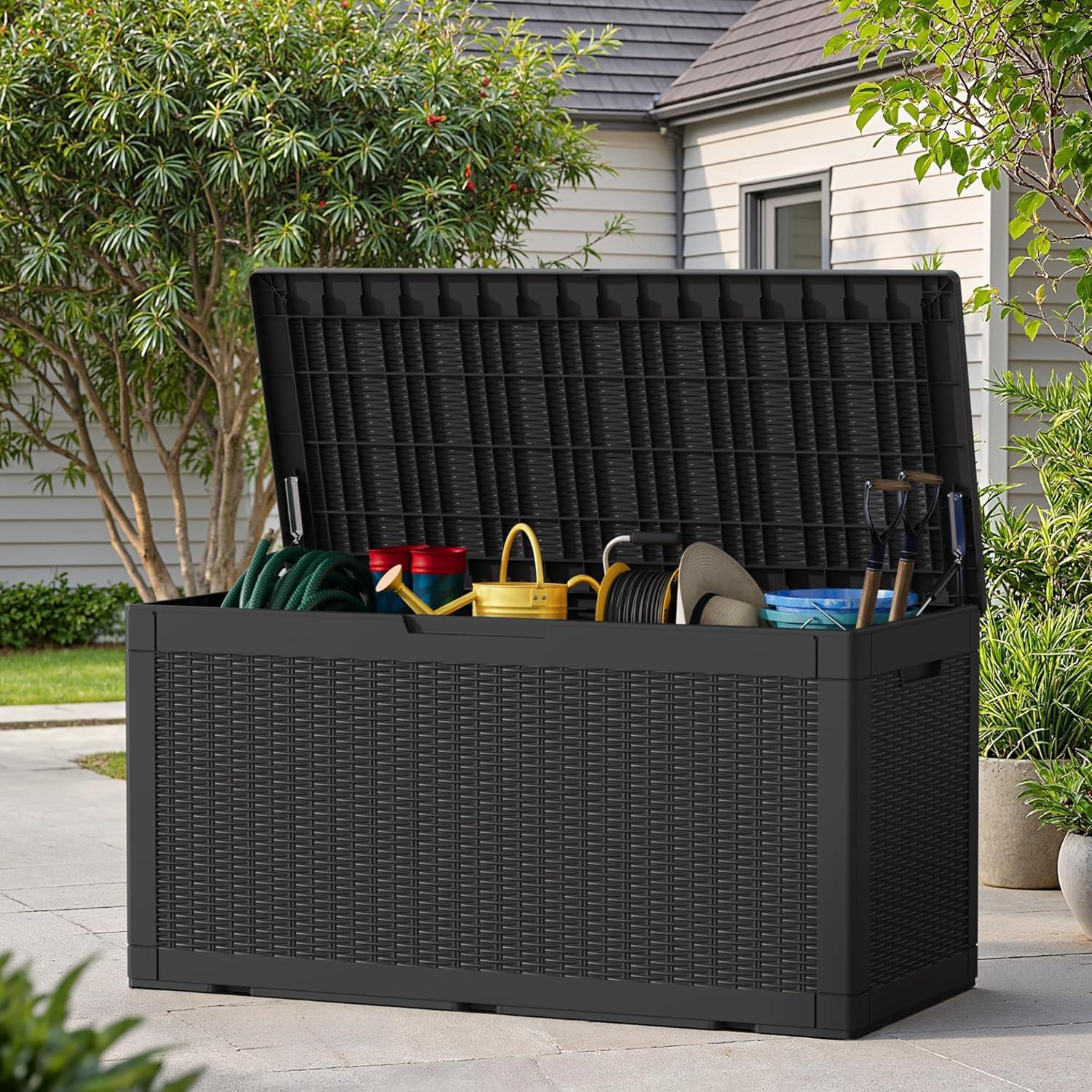 GEMBIK 100 Gallon Resin Deck Box, Large Outdoor Storage Bench with Cushions, Black