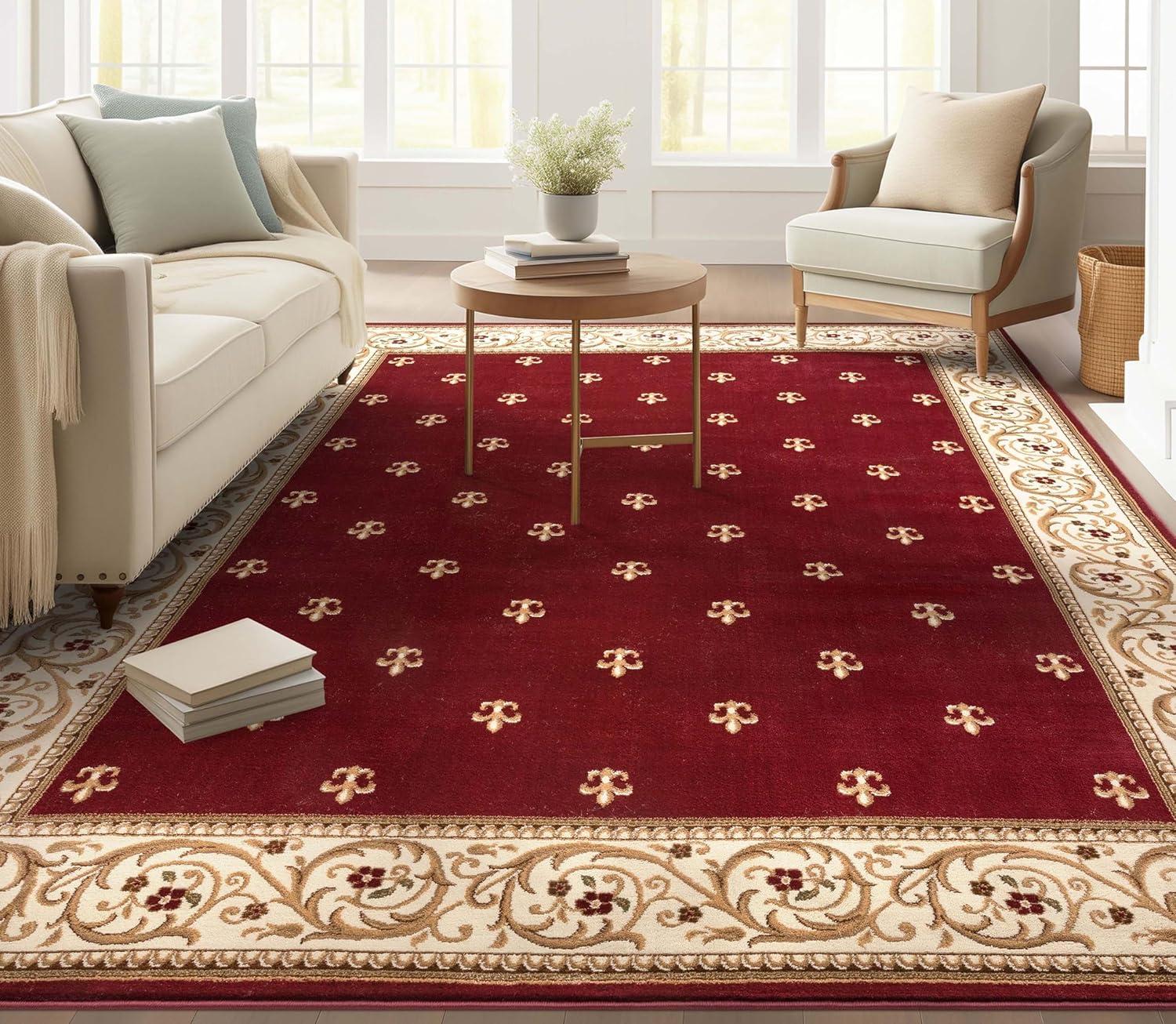 Well Woven Barclay Collection Fleur de Lis Red 5'3" x 7' Area Rug - for Living Room, Bedroom, and Dining Room