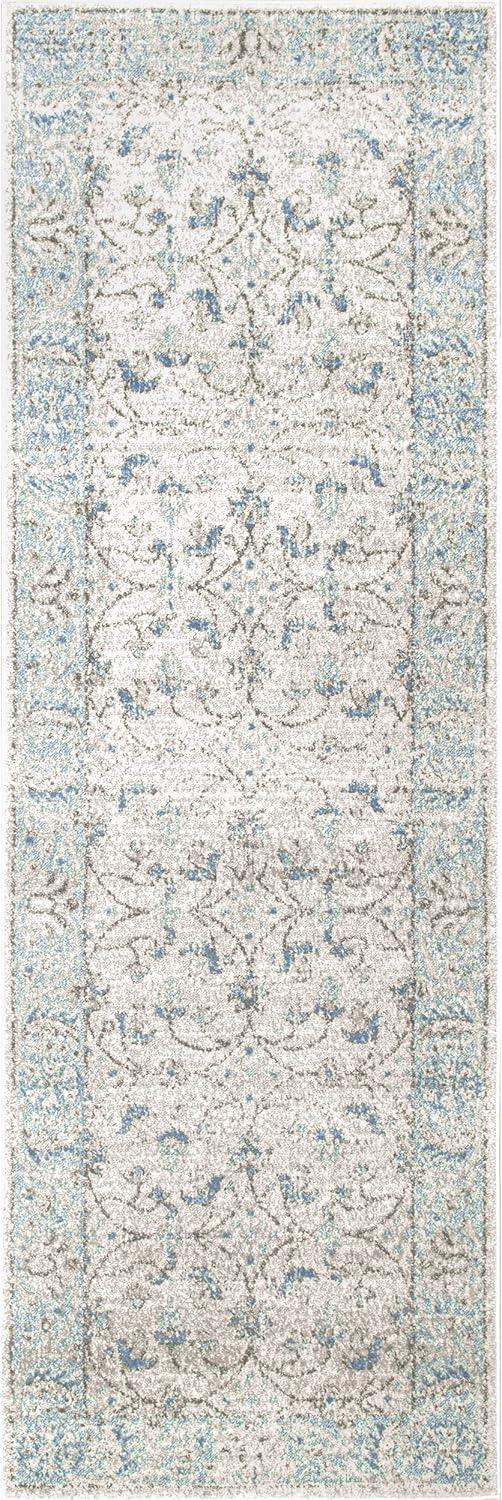 Aqua and Gray Floral Synthetic Reversible Runner Rug, 2' x 6'