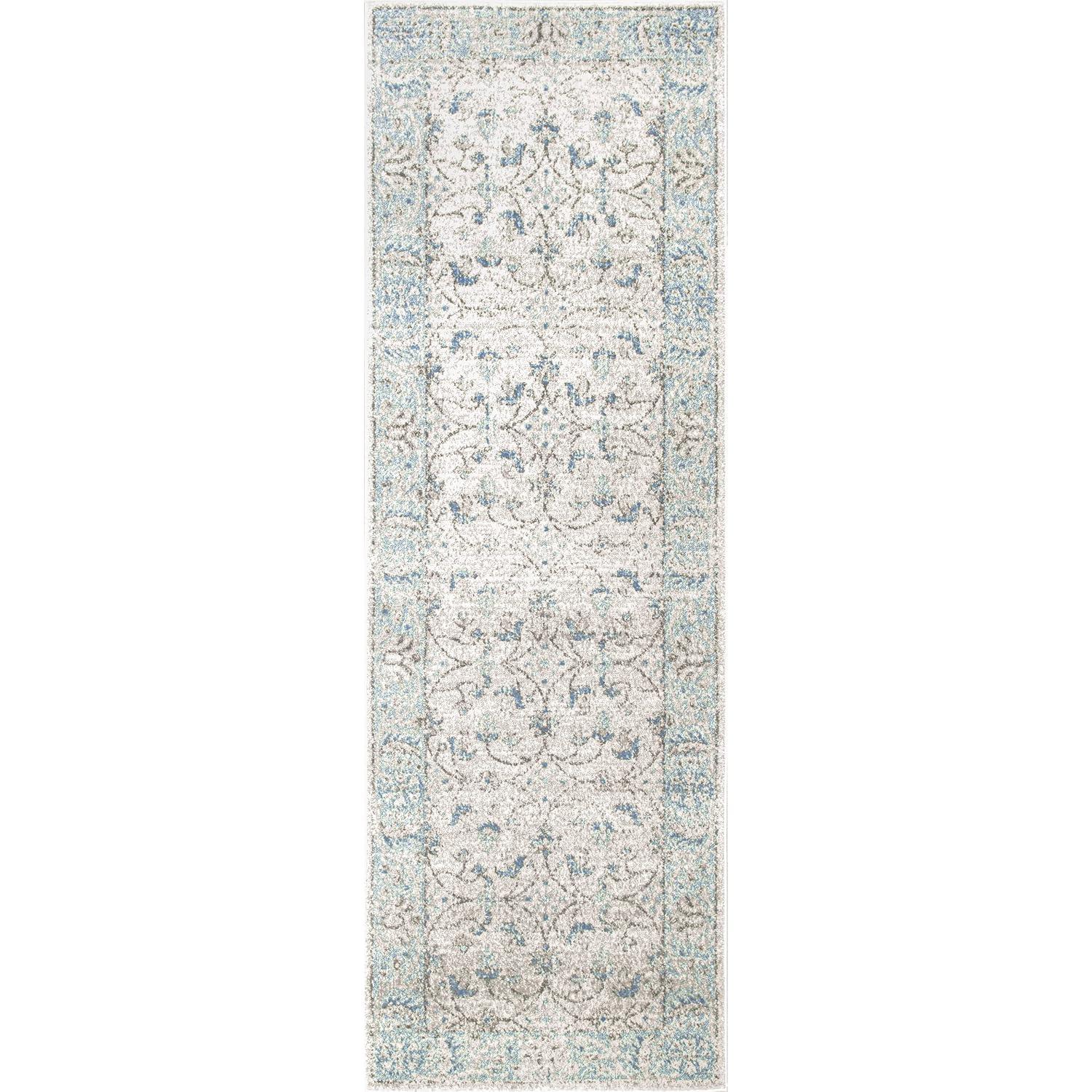 Aqua and Gray Floral Synthetic Reversible Runner Rug, 2' x 6'