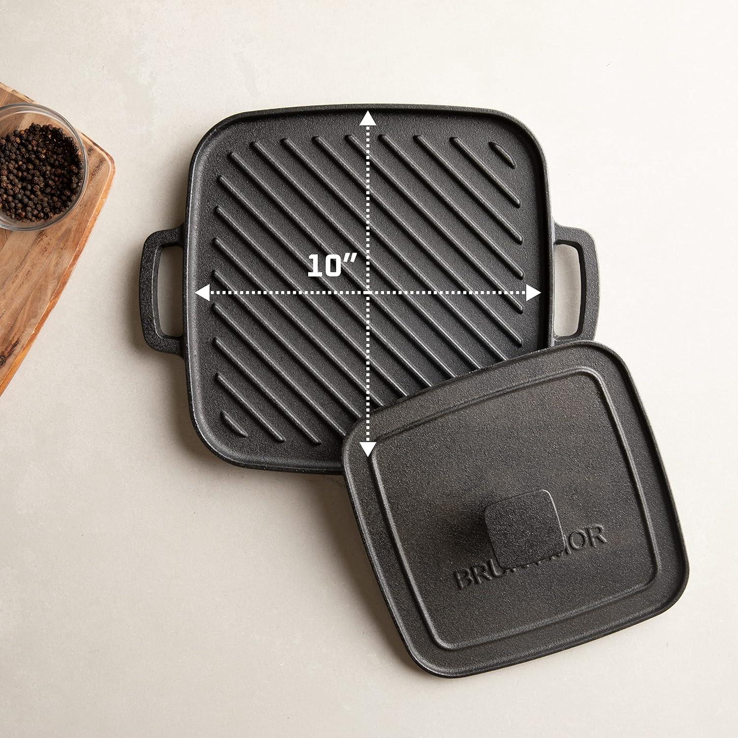 Bruntmor 10X10 2-in-1 Pre-Seasoned Square Cast Iron Reversible Griddle Grill Pan Cookware, Black